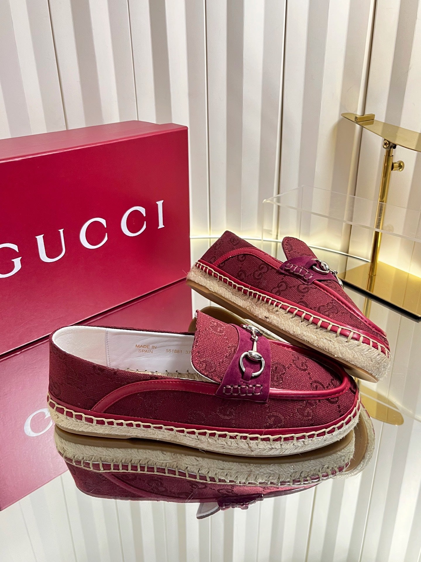 GG 26s Horsebit Espadrilles Flat Burgundy Canvas Suede 768177
