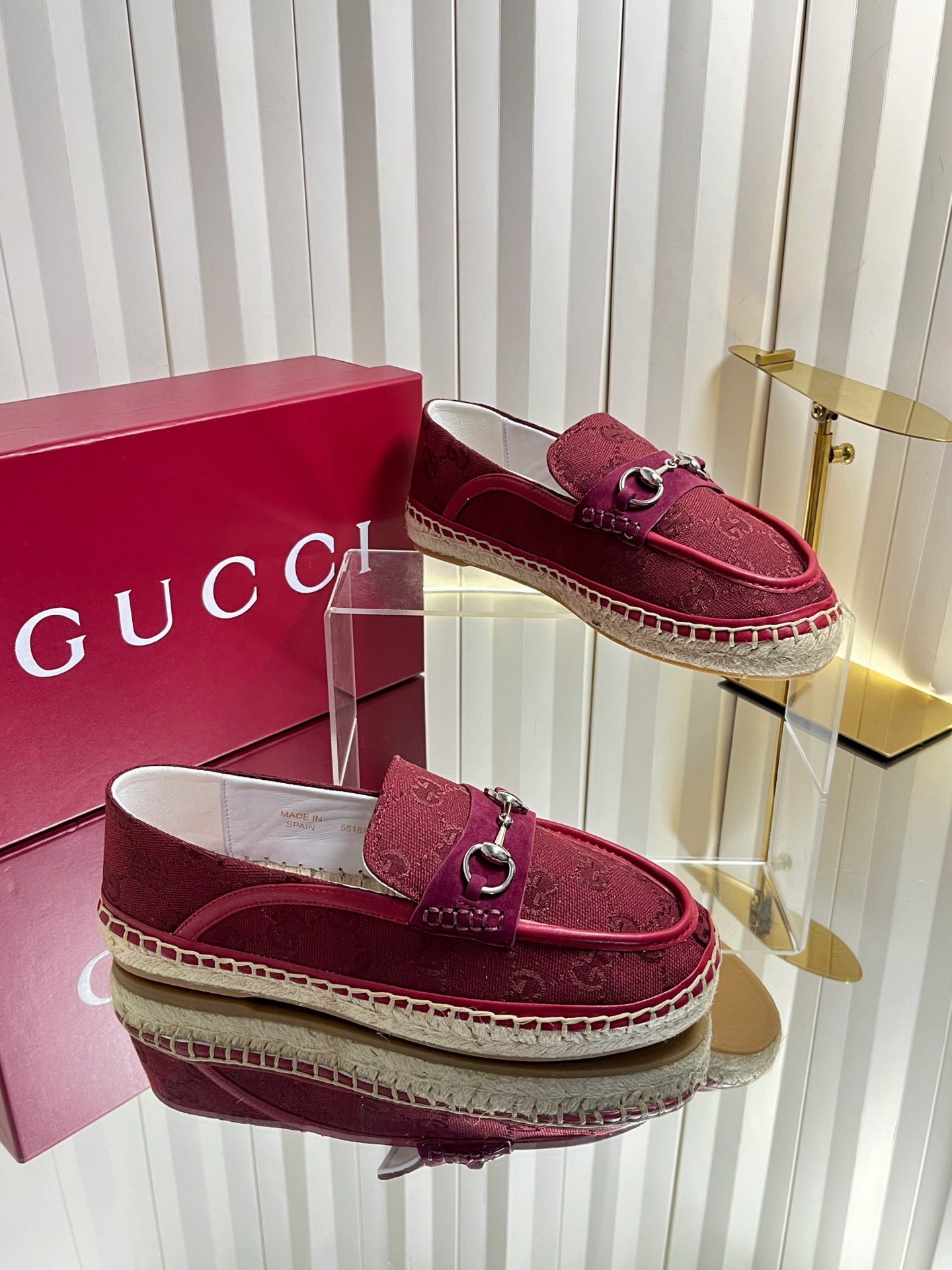 GG 26s Horsebit Espadrilles Flat Burgundy Canvas Suede 768177