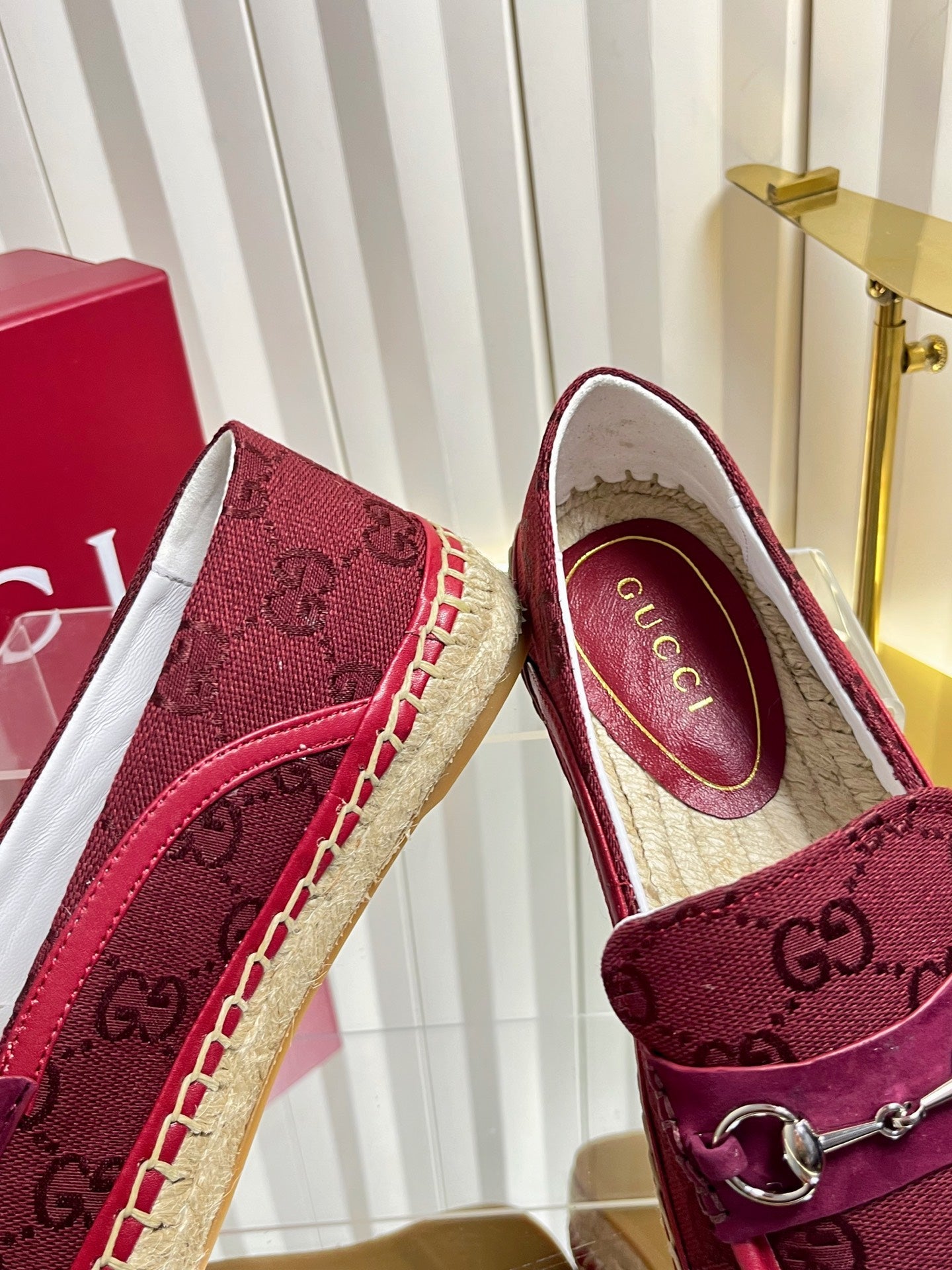 GG 26s Horsebit Espadrilles Flat Burgundy Canvas Suede 768177