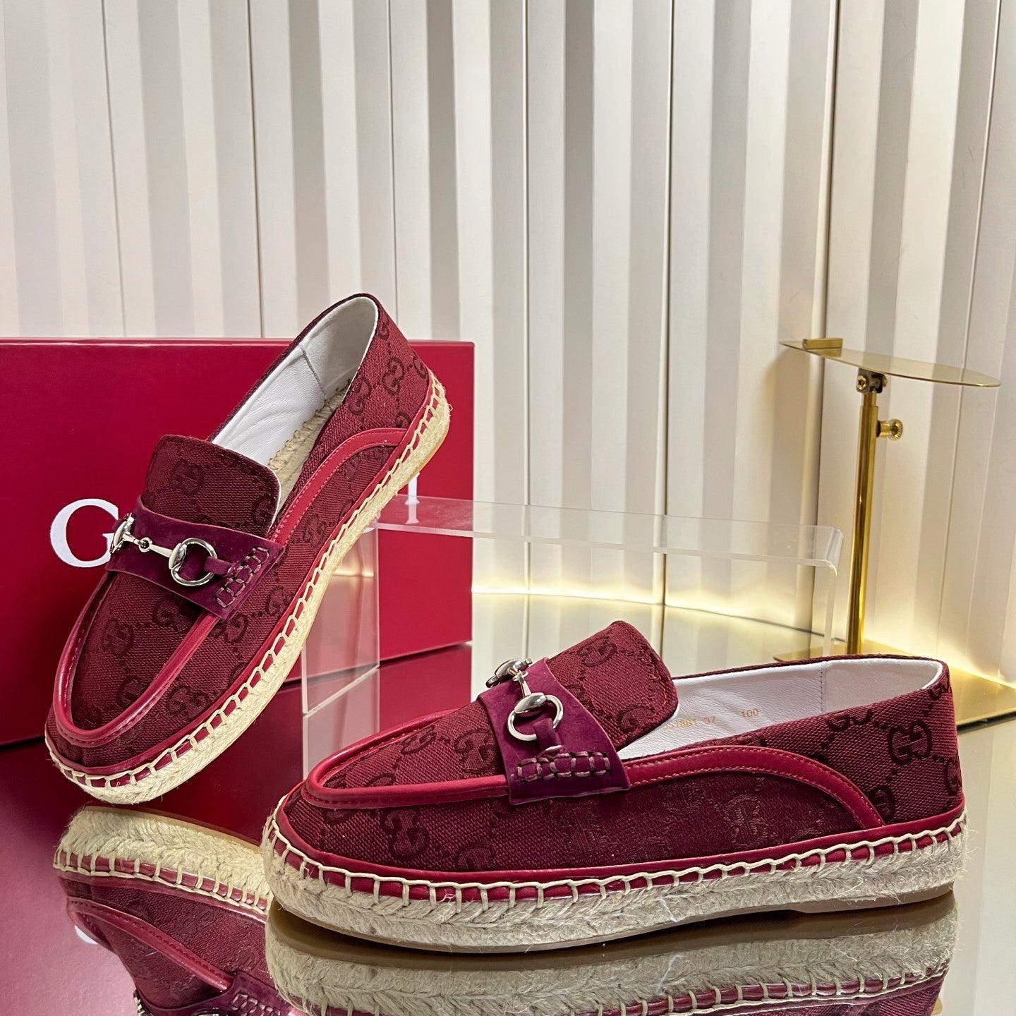 GG 26s Horsebit Espadrilles Flat Burgundy Canvas Suede 768177