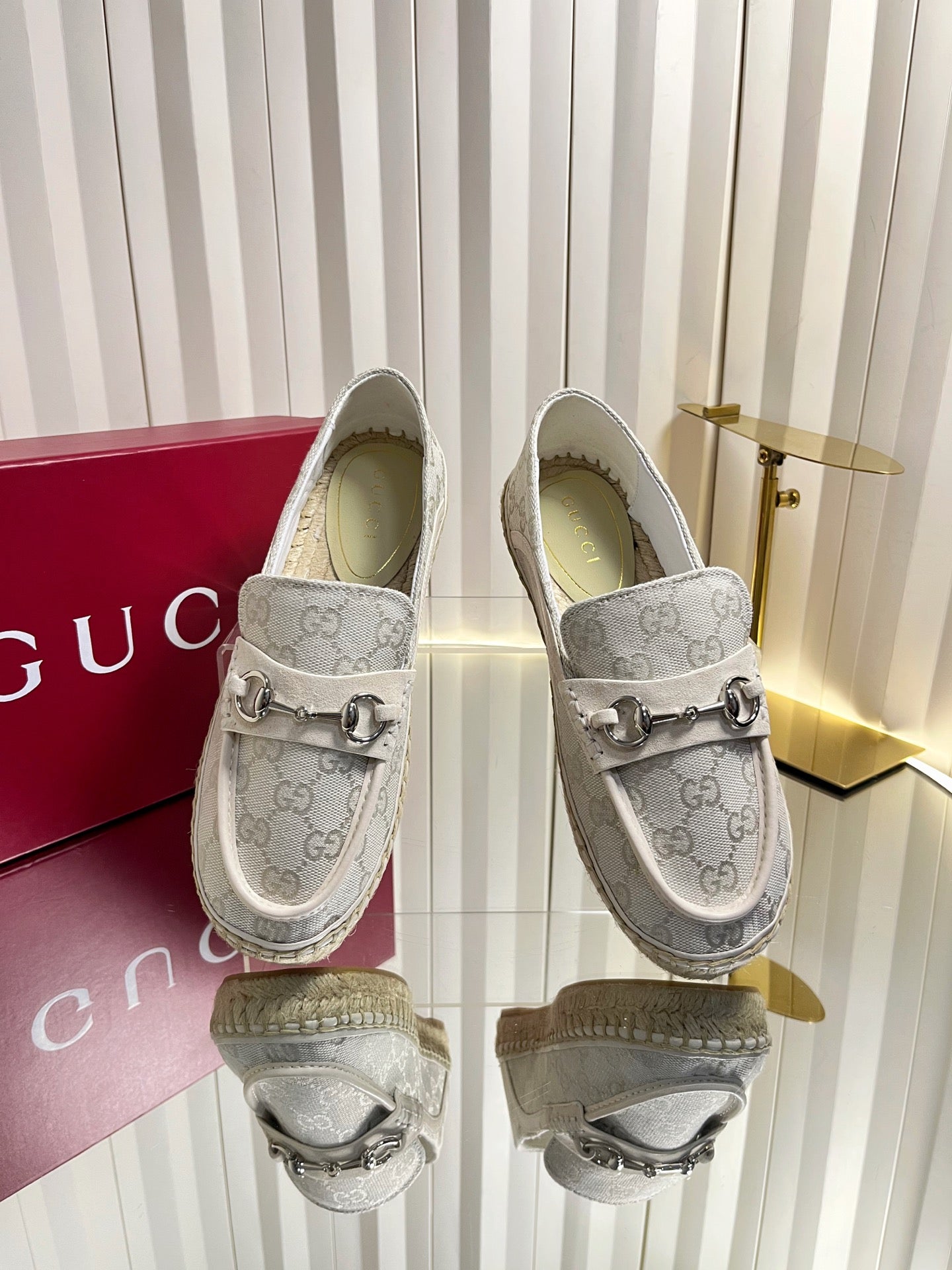 GG 26s Horsebit Espadrilles Flat Light Grey Canvas Suede 768178