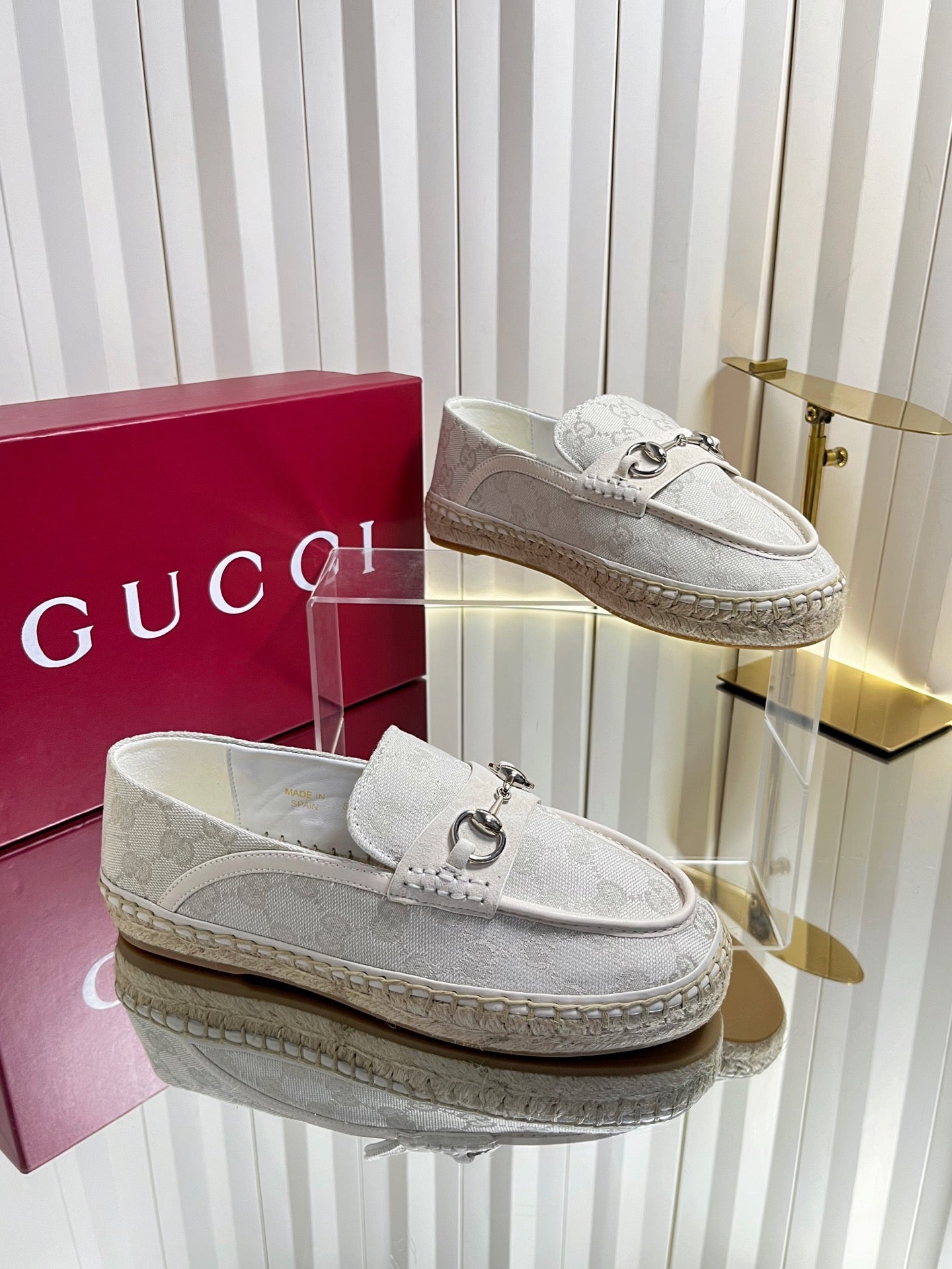 GG 26s Horsebit Espadrilles Flat Light Grey Canvas Suede 768178