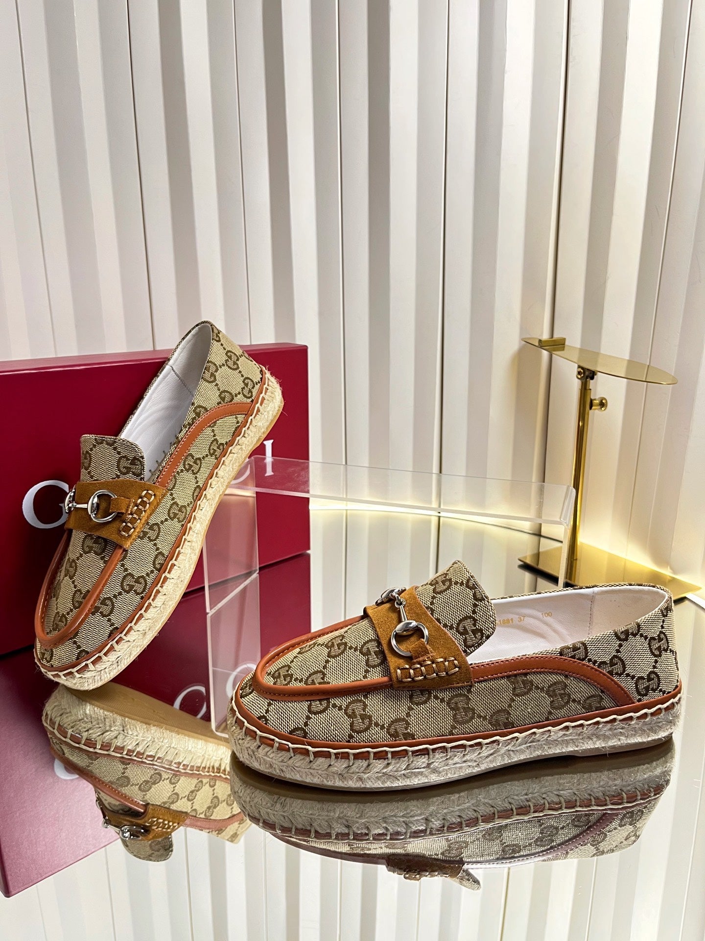 GG 26s Horsebit Espadrilles Flat Beige Brown Canvas Suede 768179