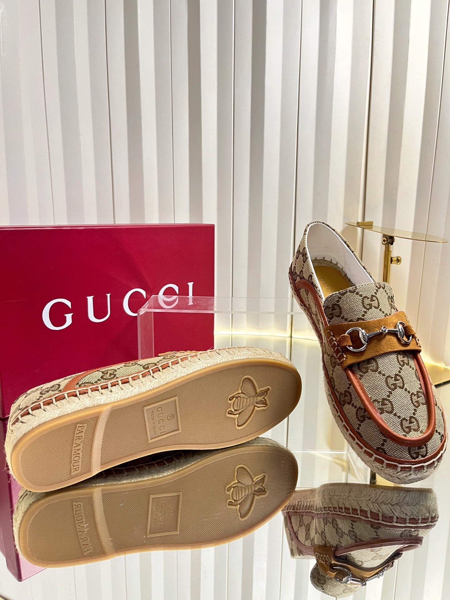 GG 26s Horsebit Espadrilles Flat Beige Brown Canvas Suede 768179