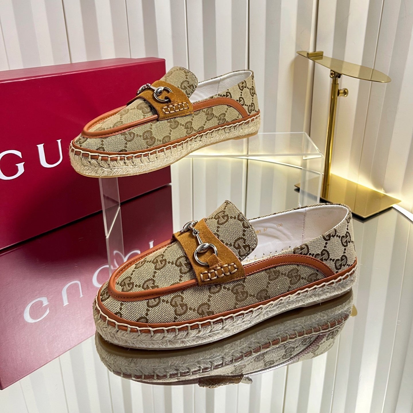 GG 26s Horsebit Espadrilles Flat Beige Brown Canvas Suede 768179