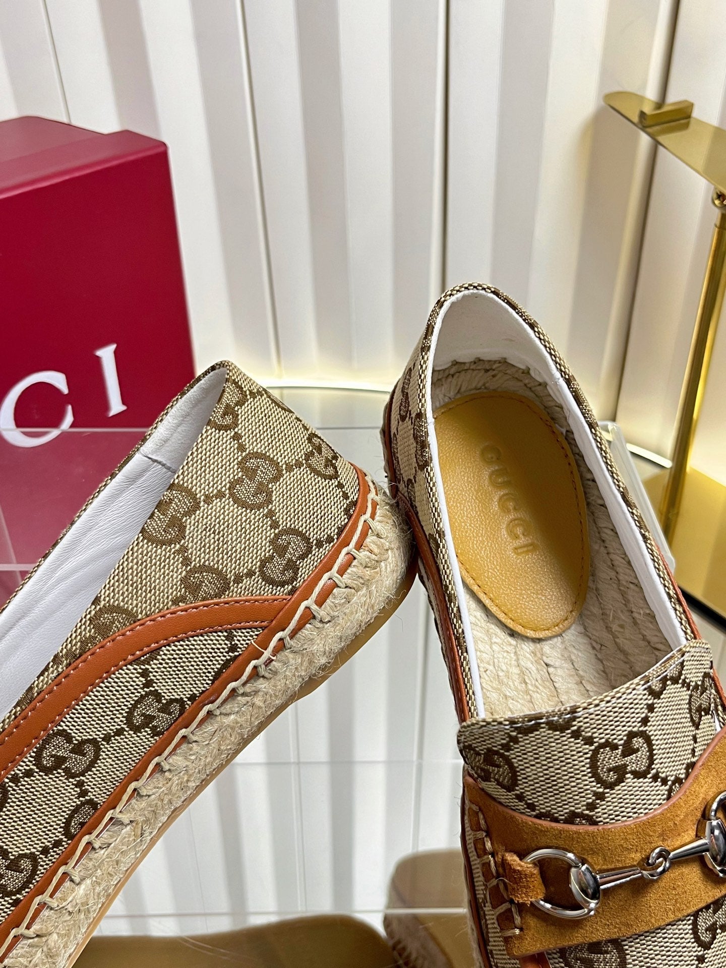 GG 26s Horsebit Espadrilles Flat Beige Brown Canvas Suede 768179