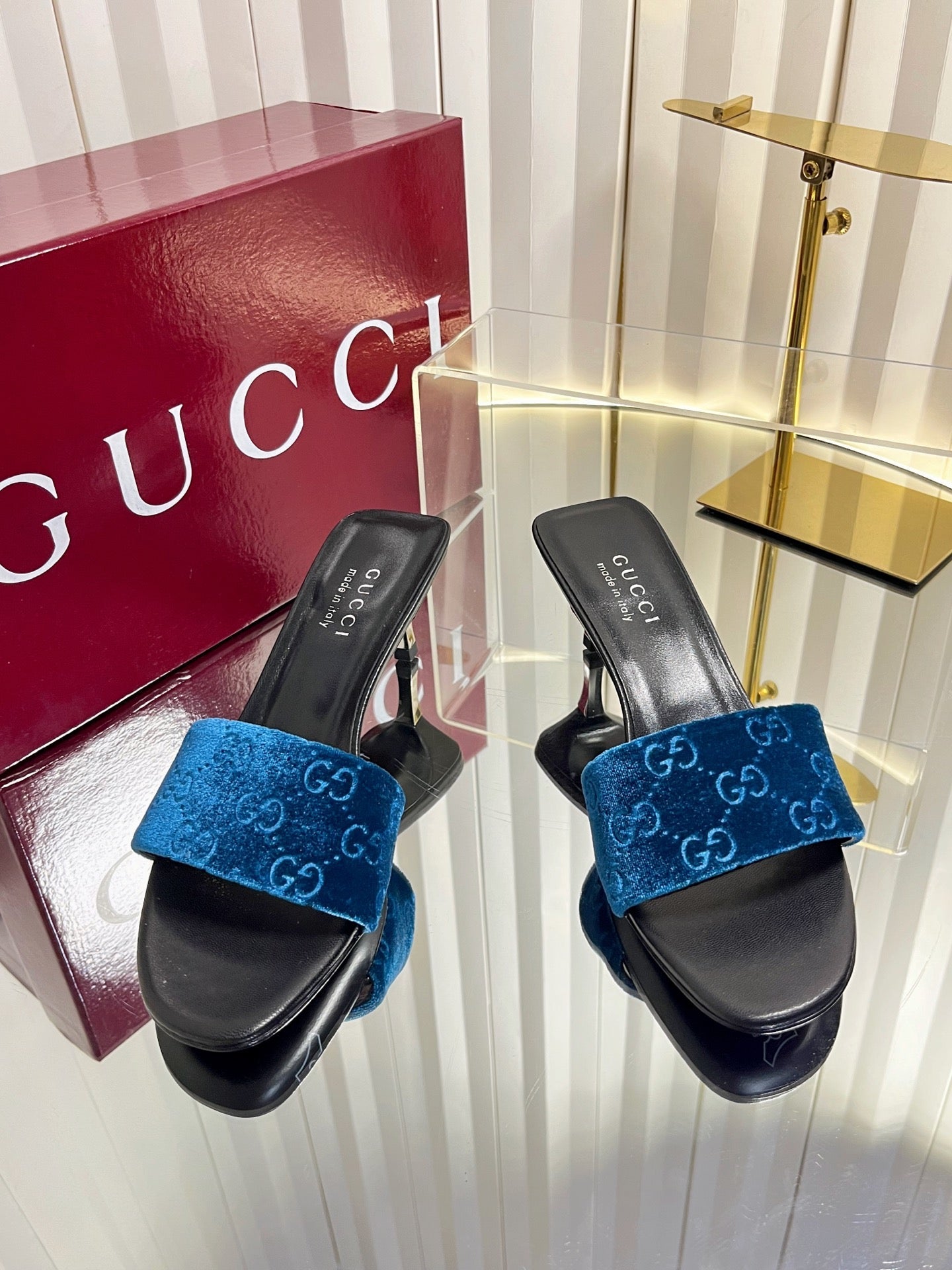 GG 26s Bombshell Sandal 5cm Black Blue Velvet Leather 768153