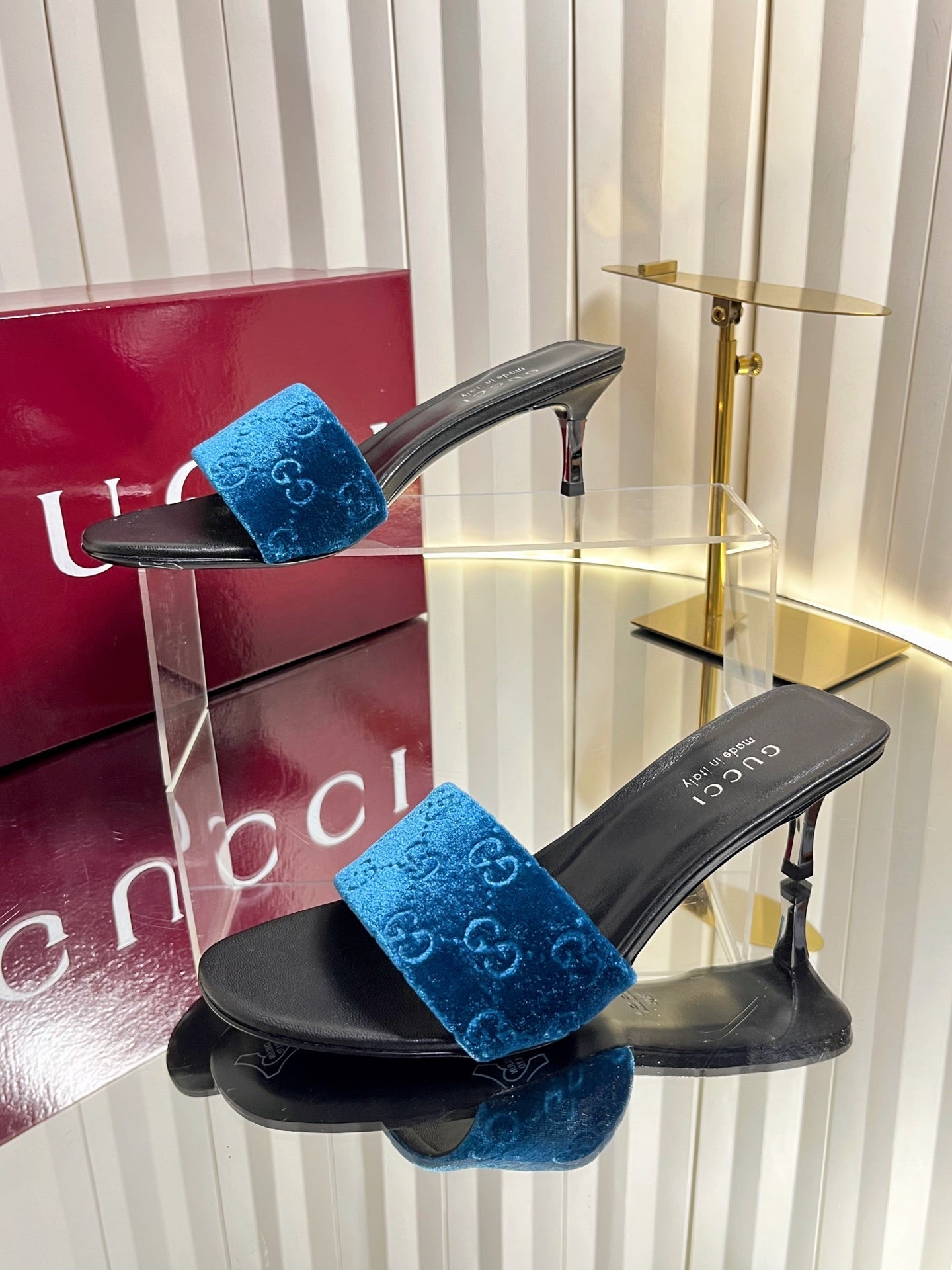 GG 26s Bombshell Sandal 5cm Black Blue Velvet Leather 768153