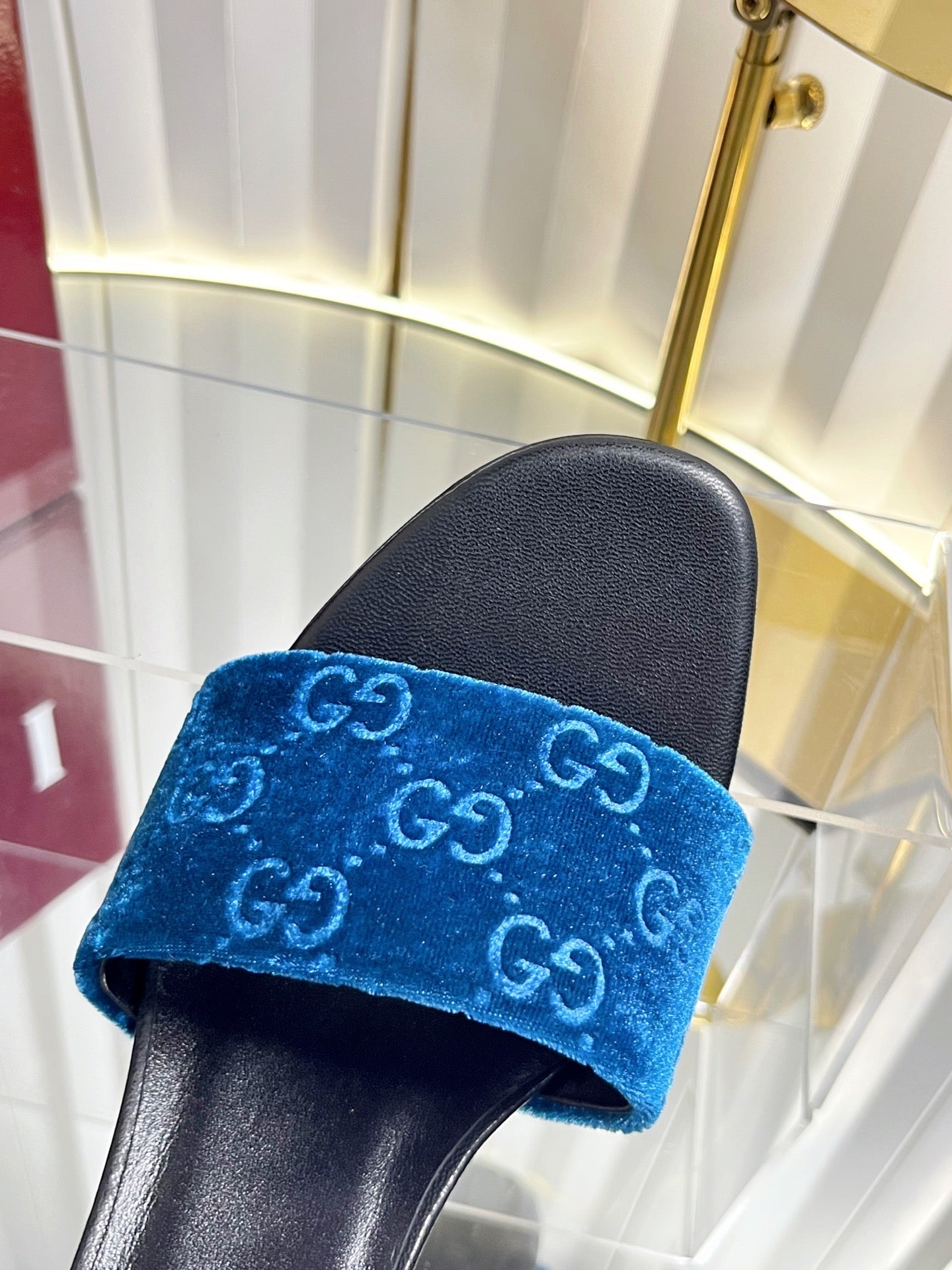 GG 26s Bombshell Sandal 5cm Black Blue Velvet Leather 768153