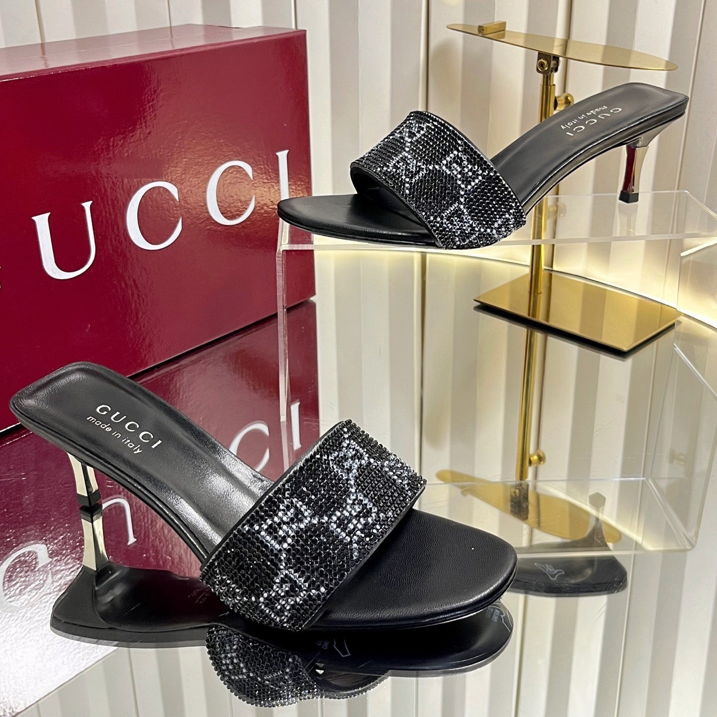 GG 26s Bombshell Crystal Sandal 5cm Black Mesh Leather 768159