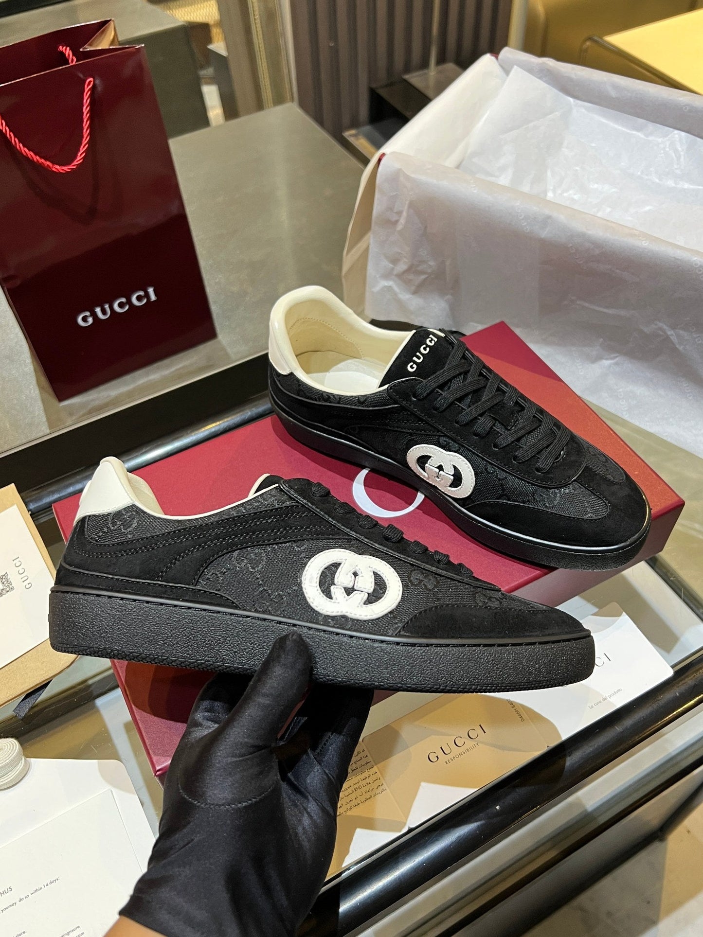 GG G75 Sneaker Black Suede Canvas 818356