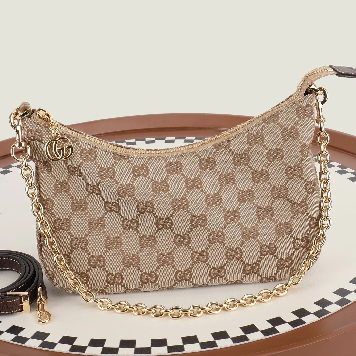 Gucci 2026 Lady Lunetta Chain Shoulder Bag Brown Canvas Leather