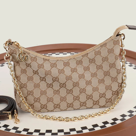 Gucci 2026 Lady Lunetta Chain Shoulder Bag Brown Canvas Leather