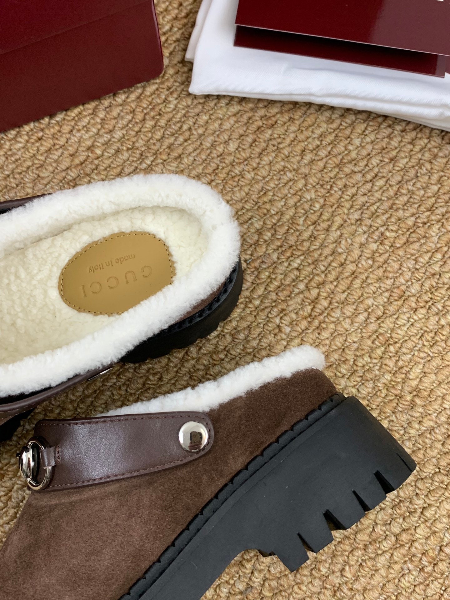 Gucci FW 25 Horsebit Suede Clog Brown Suede with Shearling 506448