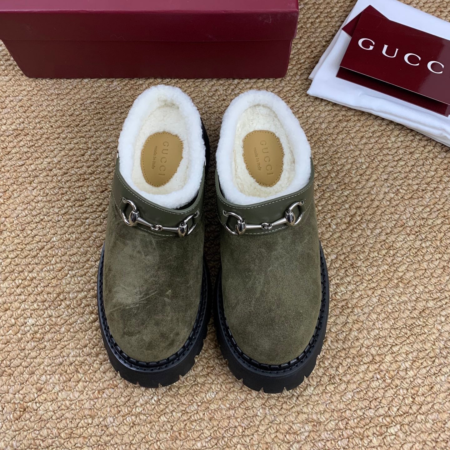 Gucci FW 25 Horsebit Suede Clog Dark Green  Suede with Shearling 506446
