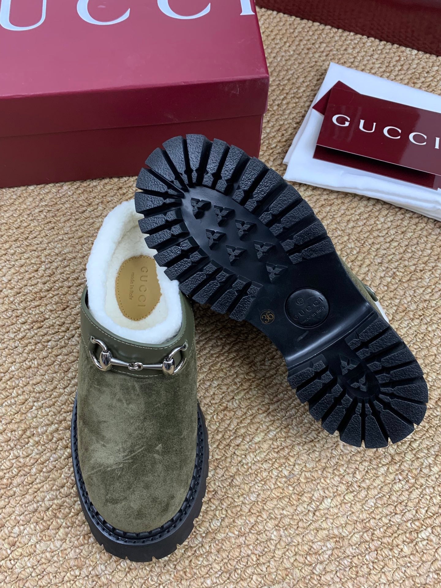 Gucci FW 25 Horsebit Suede Clog Dark Green  Suede with Shearling 506446