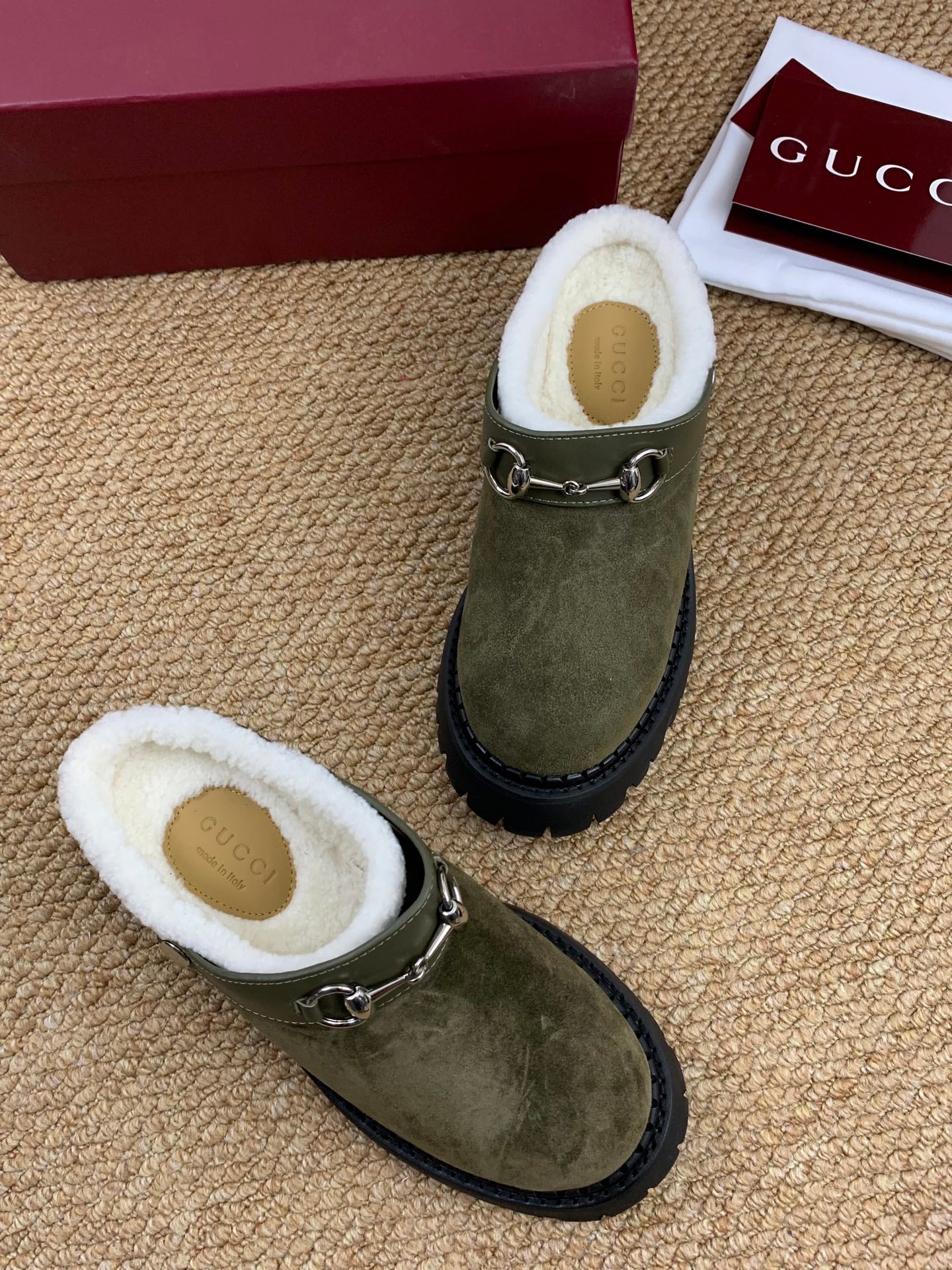 Gucci FW 25 Horsebit Suede Clog Dark Green  Suede with Shearling 506446