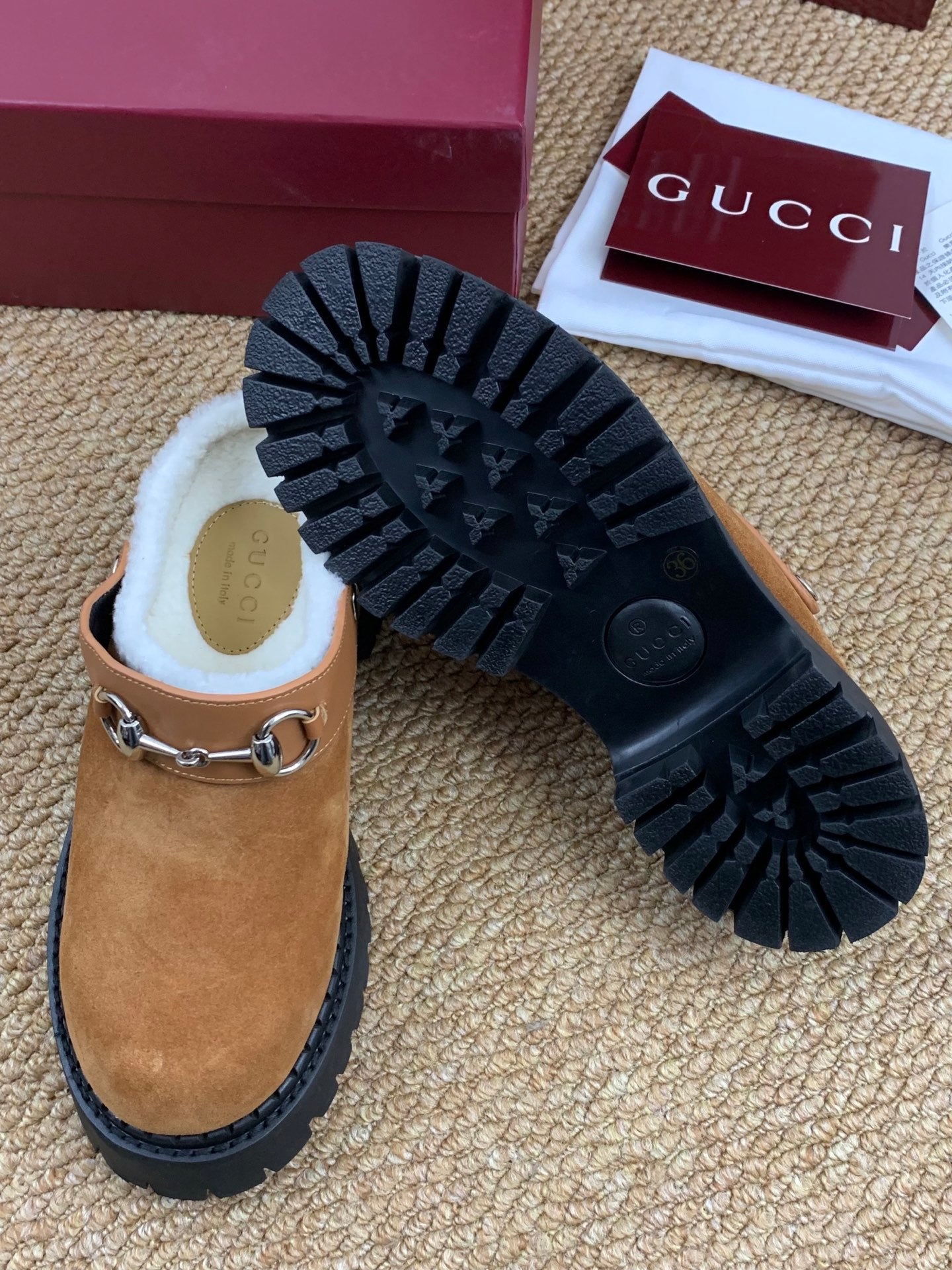Gucci FW 25 Horsebit Suede Clog Camel  Suede with Shearling 506444