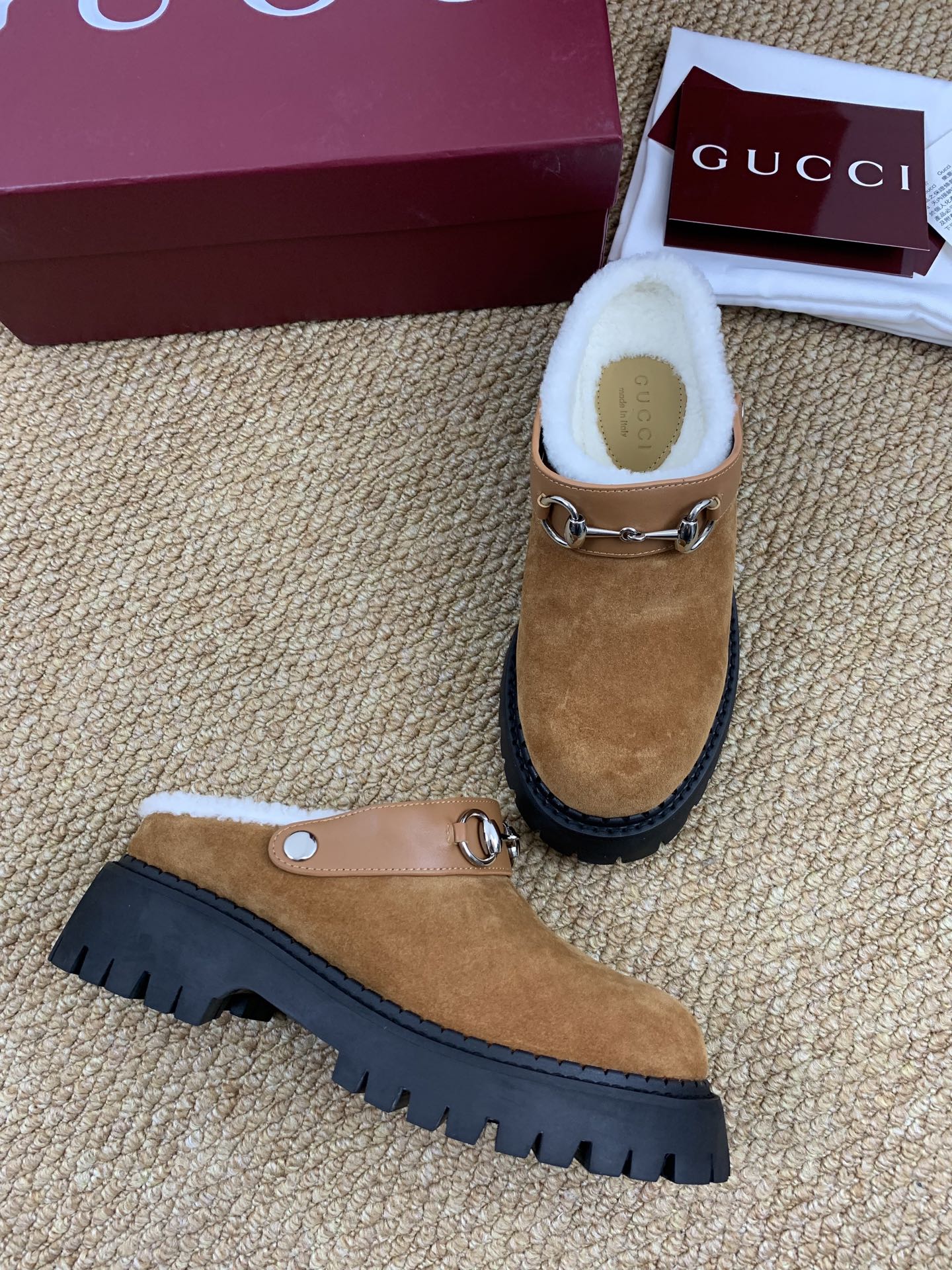 Gucci FW 25 Horsebit Suede Clog Camel  Suede with Shearling 506444
