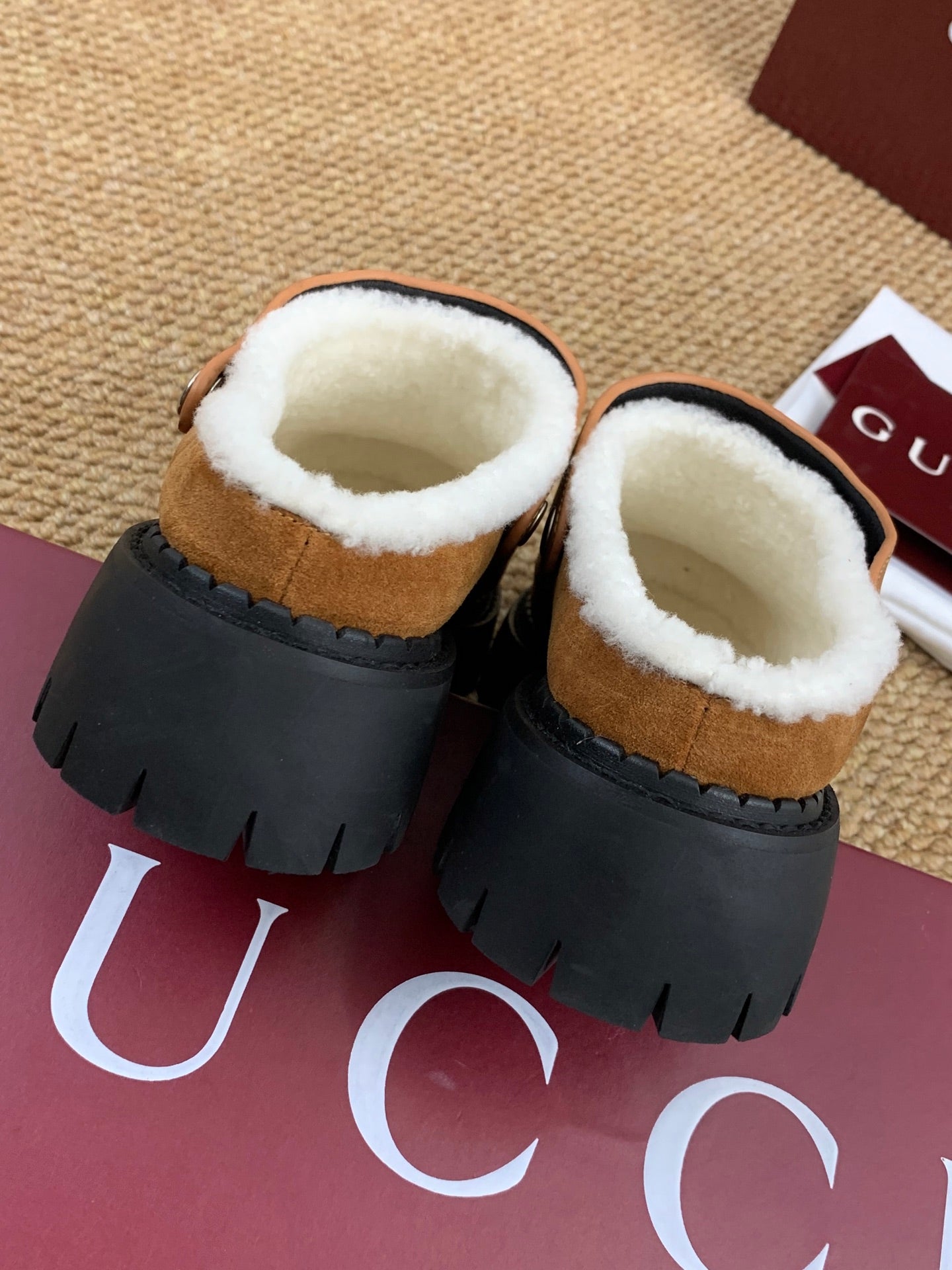Gucci FW 25 Horsebit Suede Clog Camel  Suede with Shearling 506444