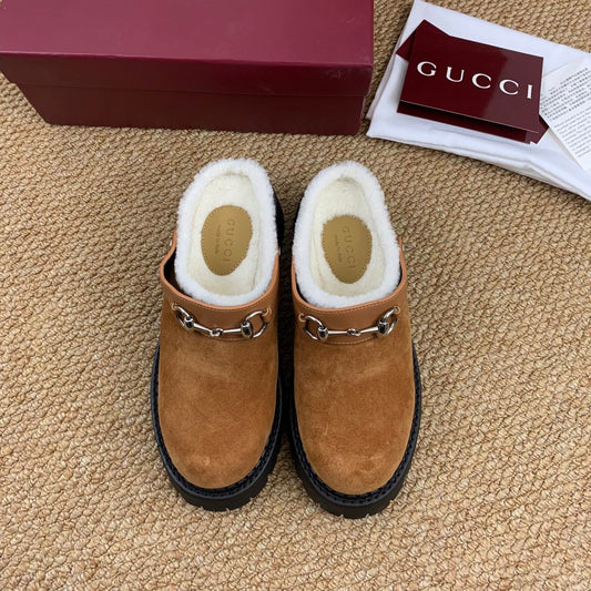 Gucci FW 25 Horsebit Suede Clog Camel  Suede with Shearling 506444