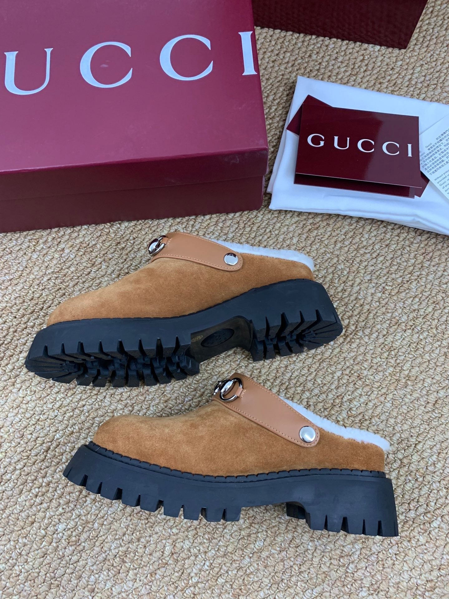 Gucci FW 25 Horsebit Suede Clog Camel  Suede with Shearling 506444