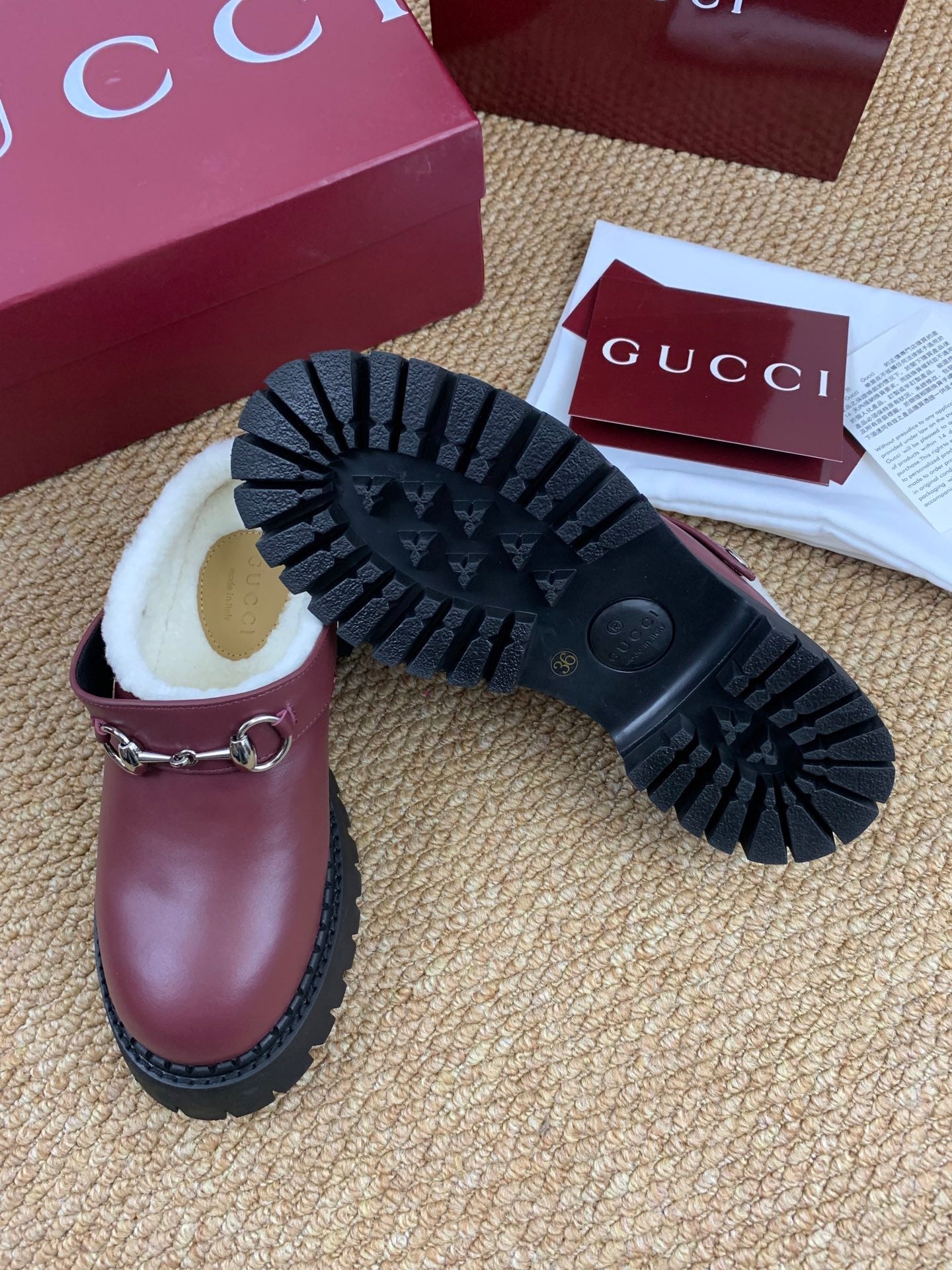 Gucci FW 25 Horsebit Suede Clog Deep Burgundy  Leather with Shearling 506442