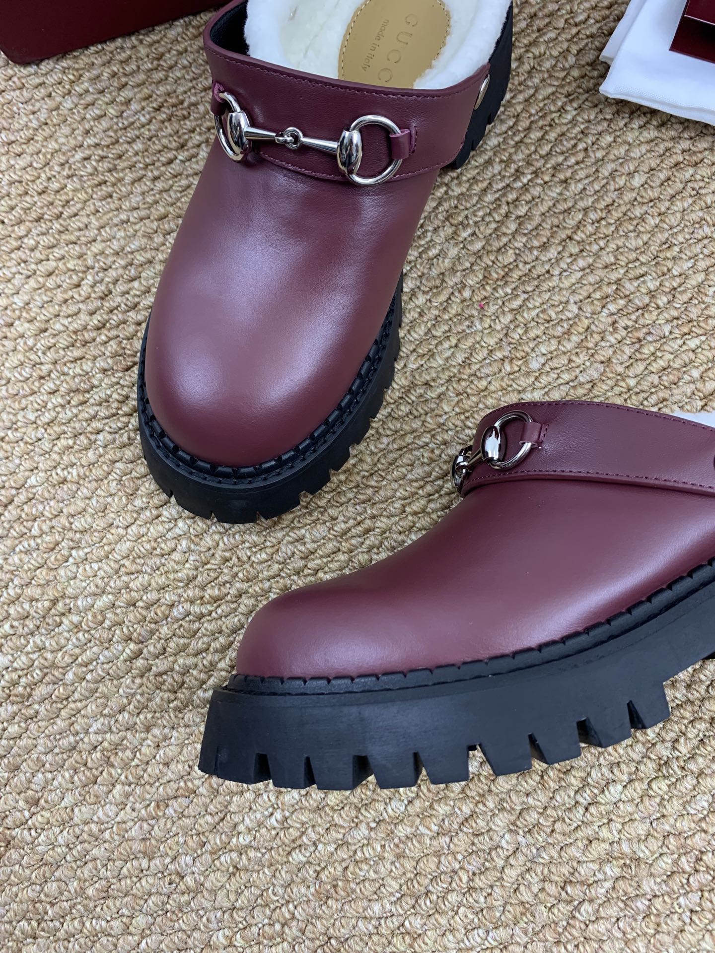Gucci FW 25 Horsebit Suede Clog Deep Burgundy  Leather with Shearling 506442