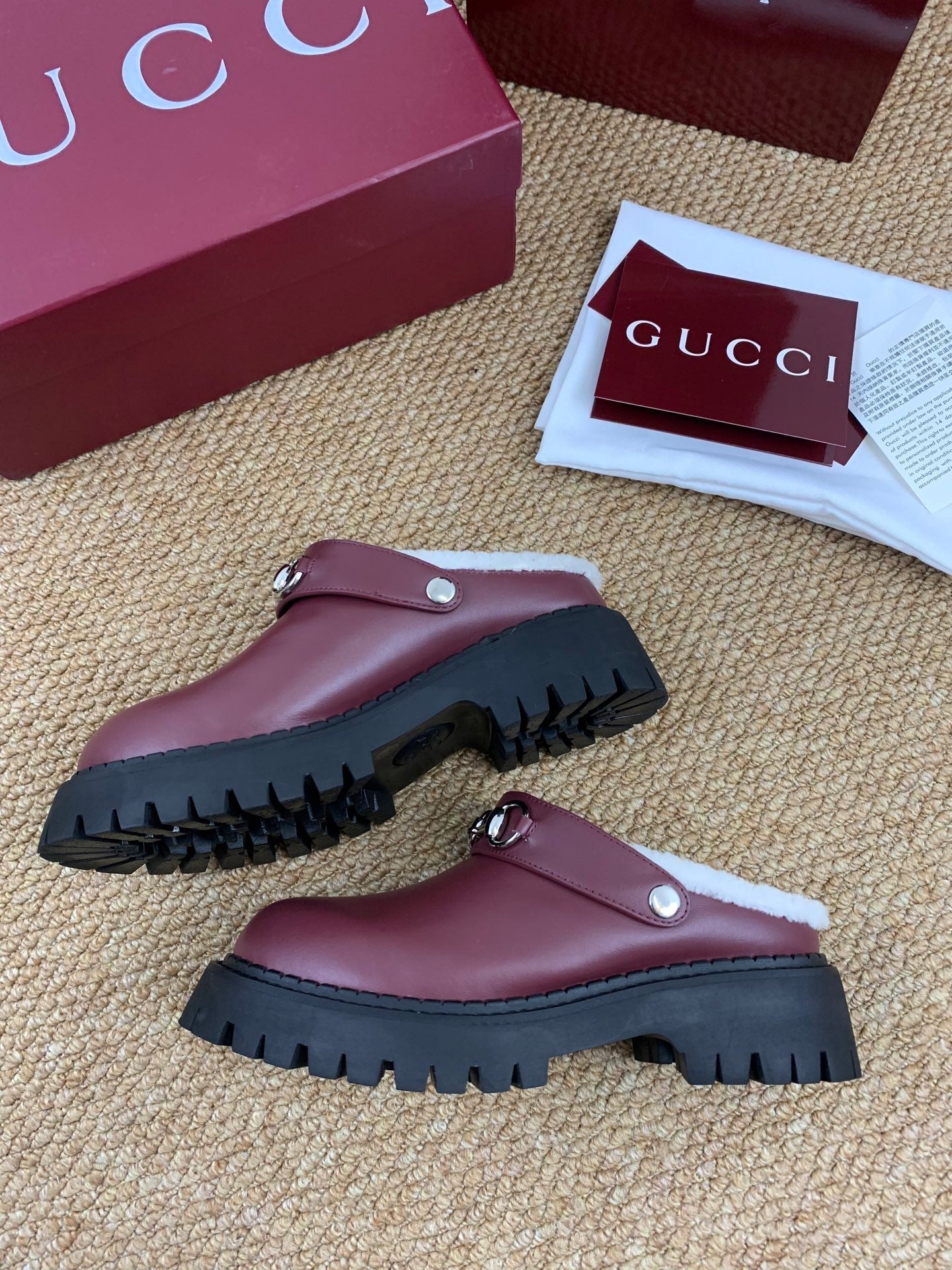 Gucci FW 25 Horsebit Suede Clog Deep Burgundy  Leather with Shearling 506442