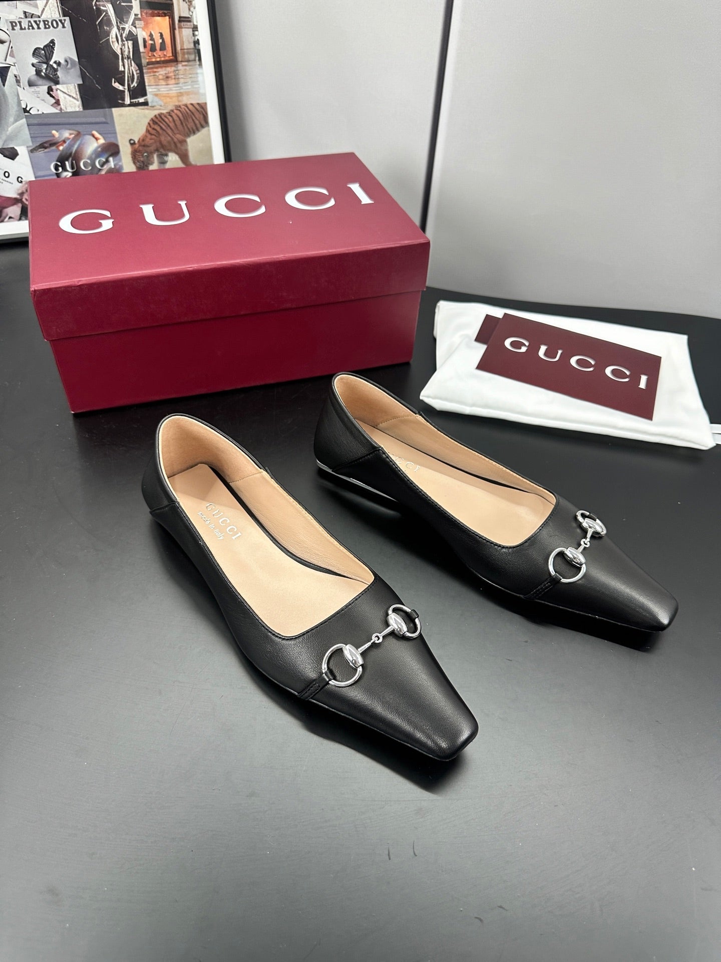 GG 26s Vittoria Ballerina Flats Black Sheepskin 688309