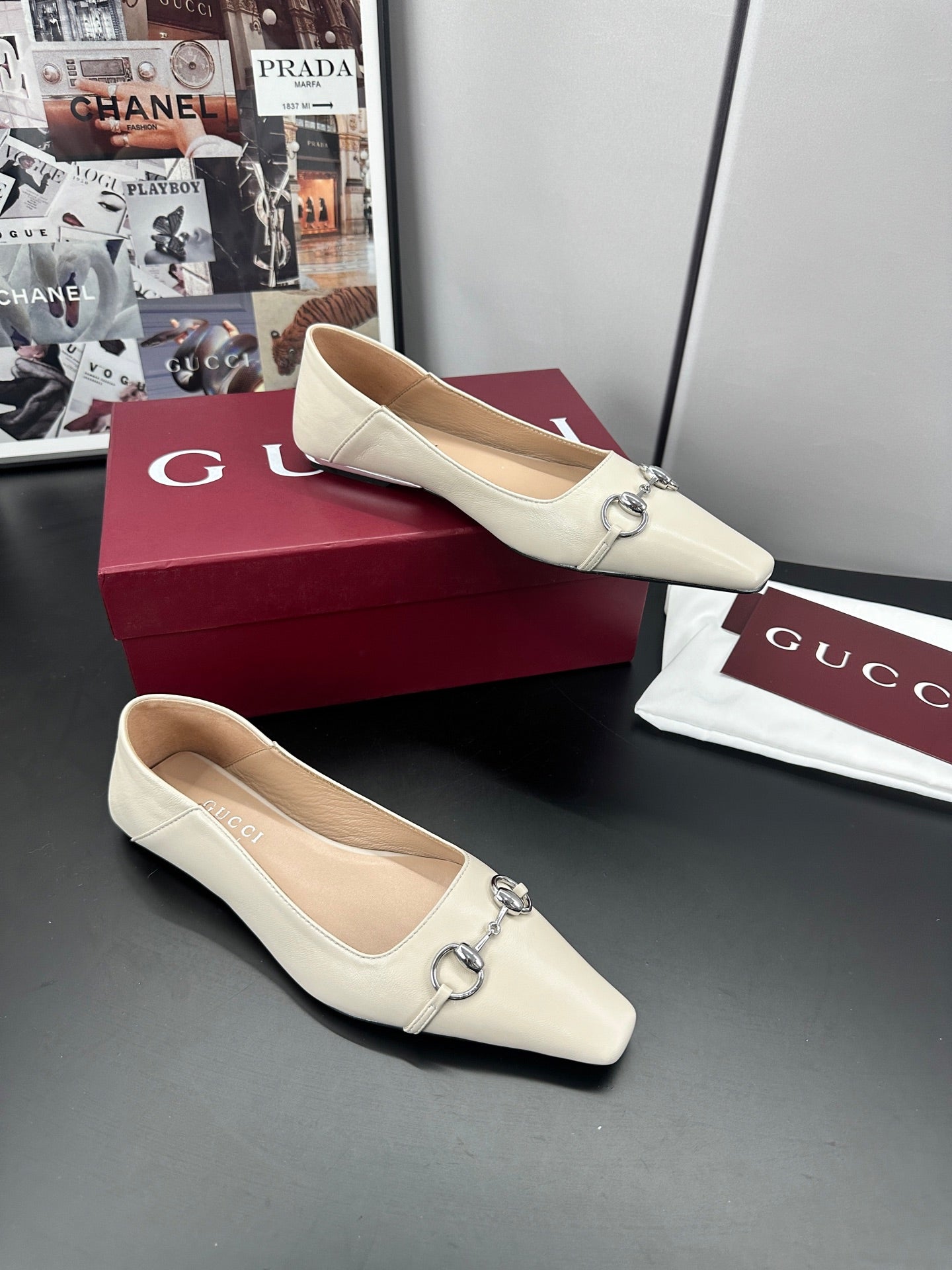 GG 26s Vittoria Ballerina Flats Ivory Sheepskin 688311