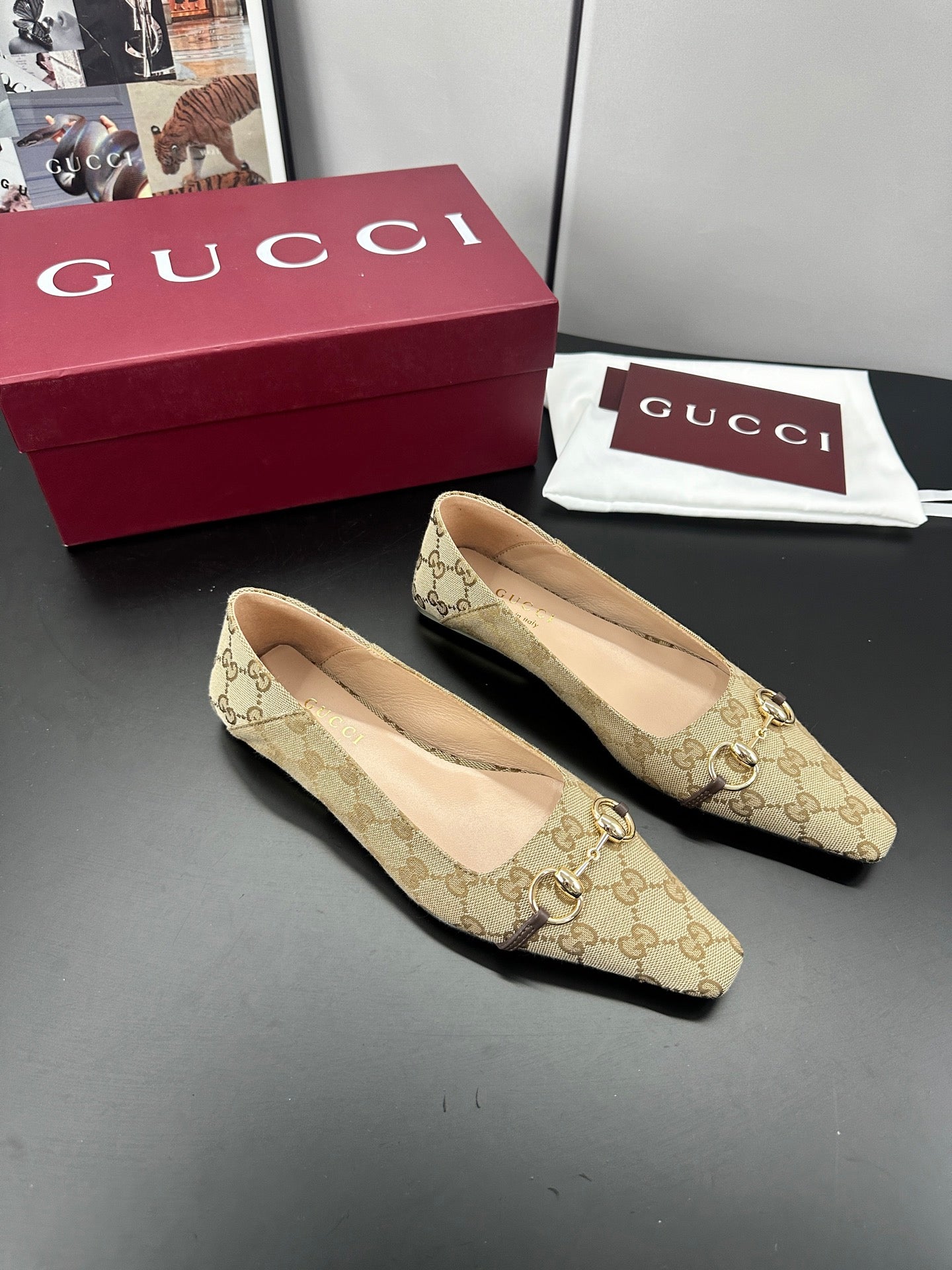 GG 26s Vittoria Ballerina Flats Beige Canvas 688313