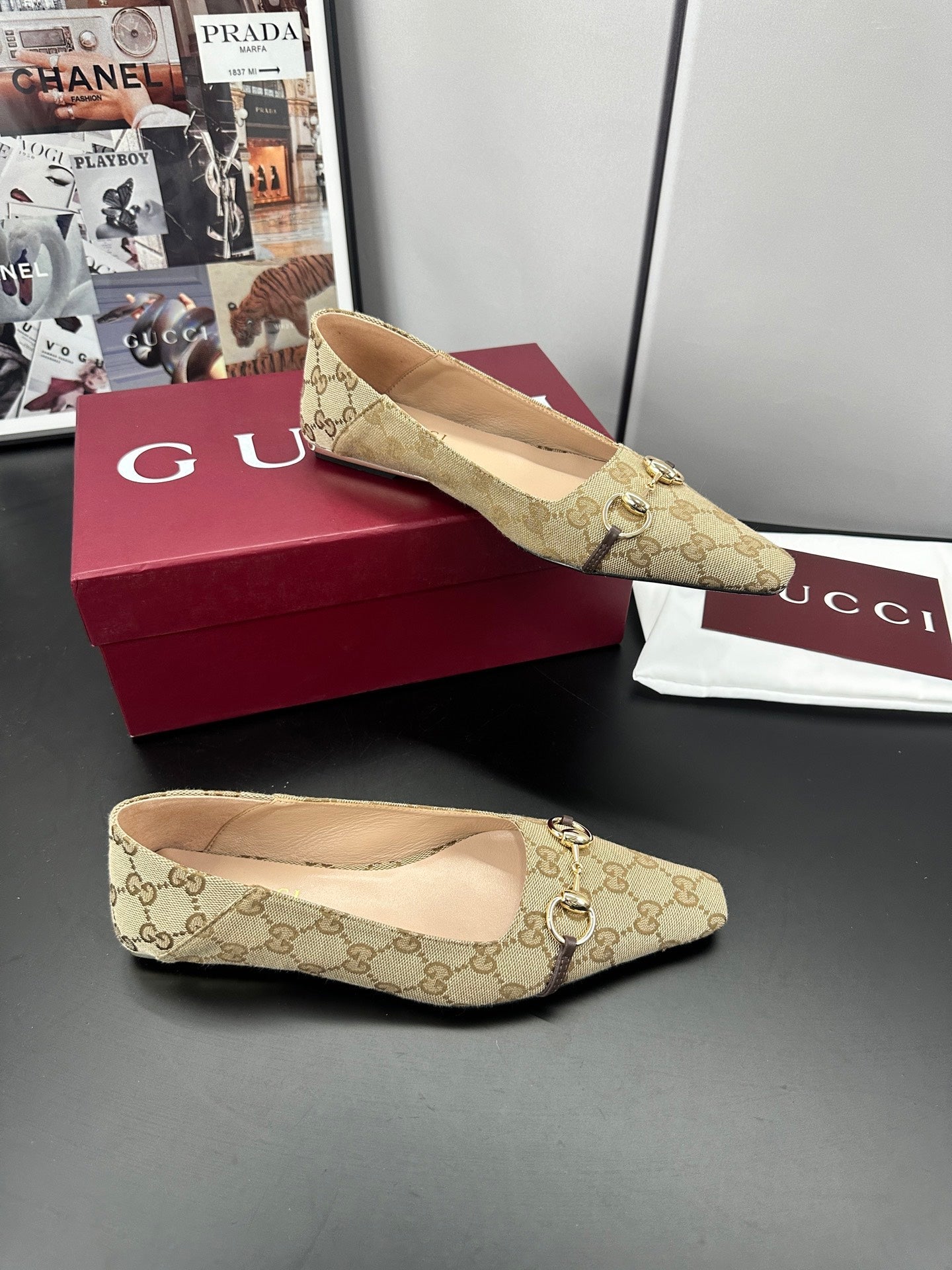 GG 26s Vittoria Ballerina Flats Beige Canvas 688313