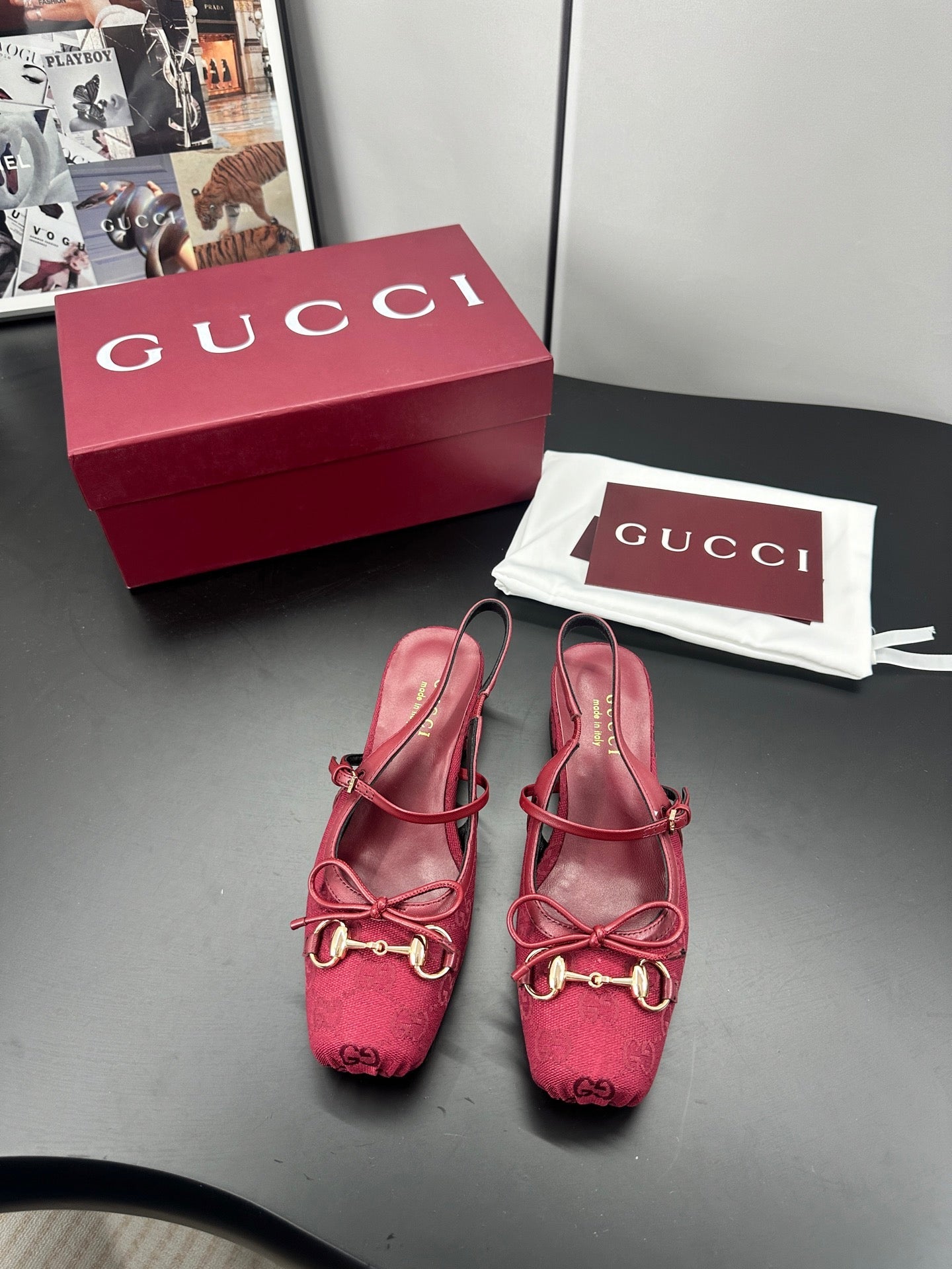 GG 26s Horsebit Slingback 2.5cm Burgundy Canvas 688316