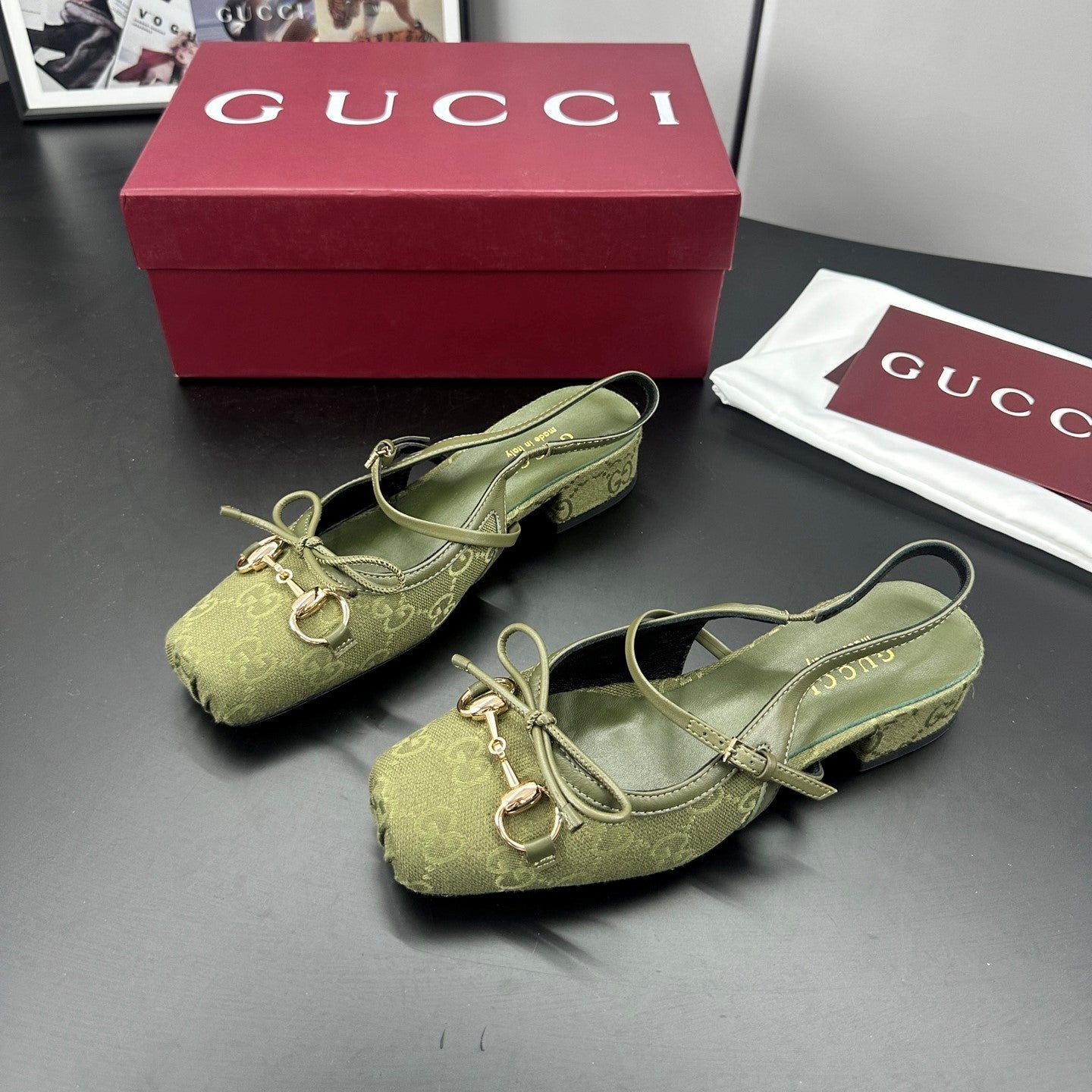 GG 26s Horsebit Slingback 2.5cm Olive Canvas 688317