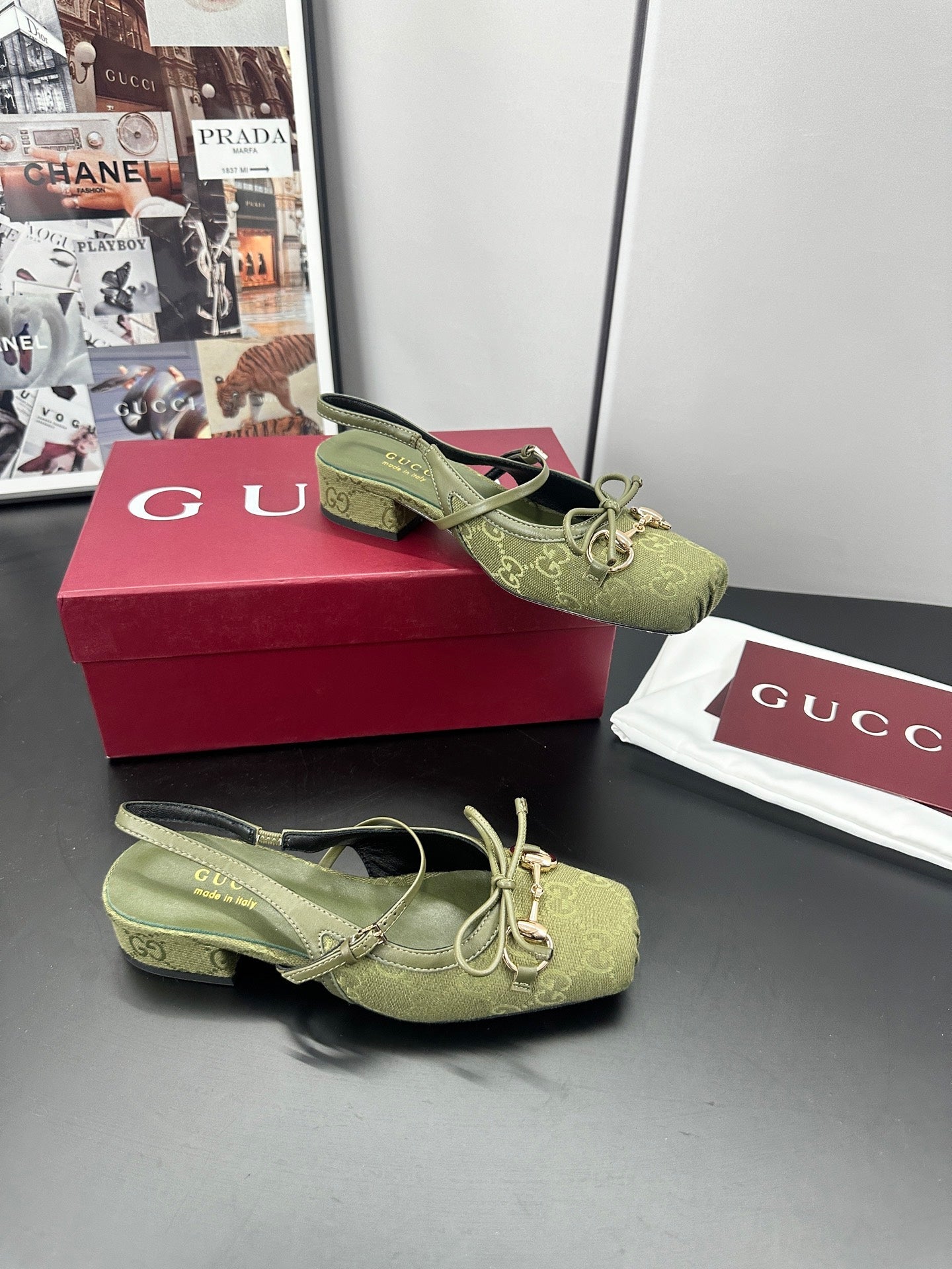 GG 26s Horsebit Slingback 2.5cm Olive Canvas 688317
