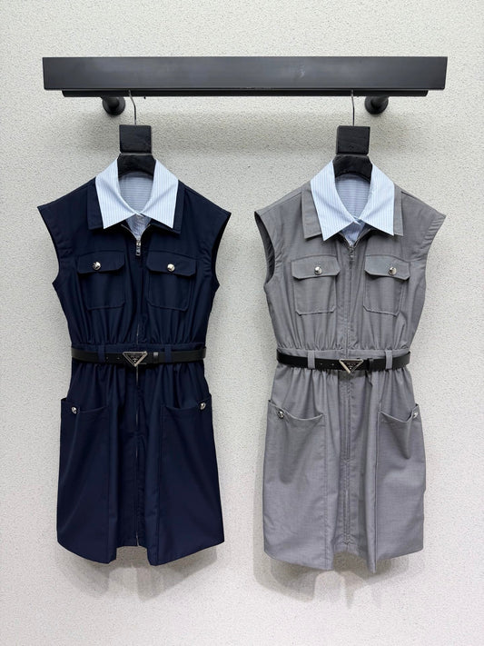 Prada 26s Striped Collared Sleeveless Dress 393957