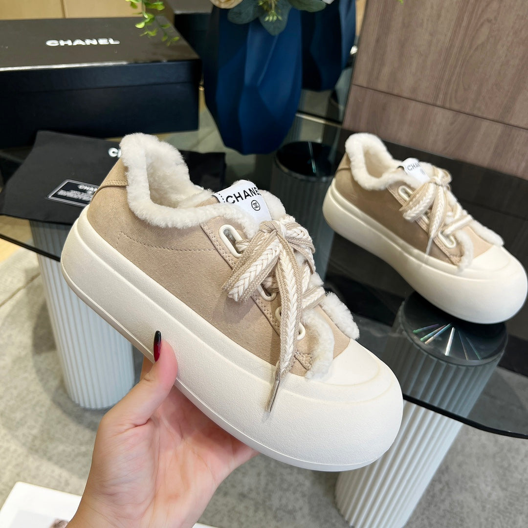 CC Sneaker Thick-Soled Beige Suede Wool Lining Fleece