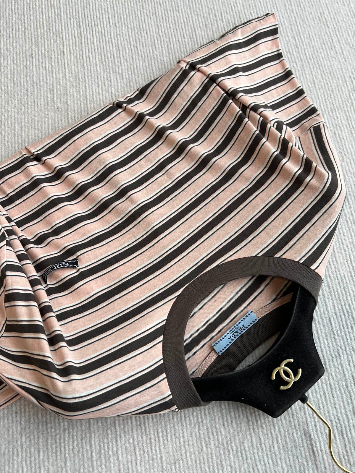 Prada 25 Striped Round Neck T-shirt Beige Brown Cotton