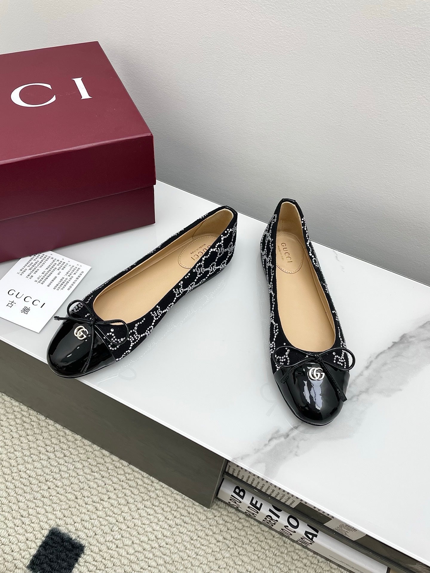 GG Women's Crystal Ballet Flat Black Denim Patent Leather Trim 511492