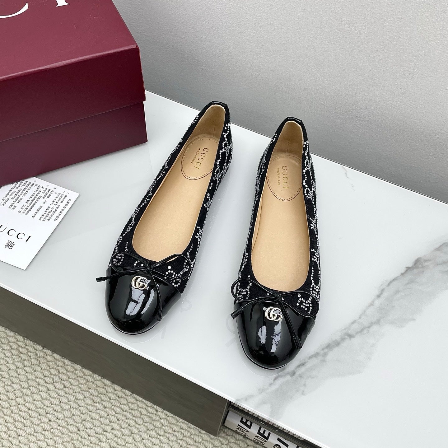GG Women's Crystal Ballet Flat Black Denim Patent Leather Trim 511492