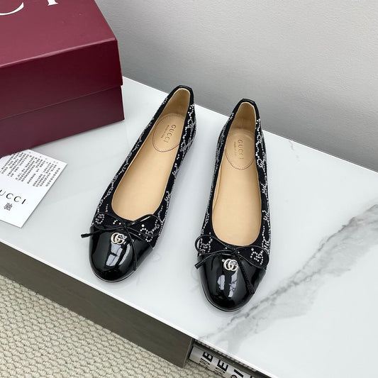 GG Women's Crystal Ballet Flat Black Denim Patent Leather Trim 511492