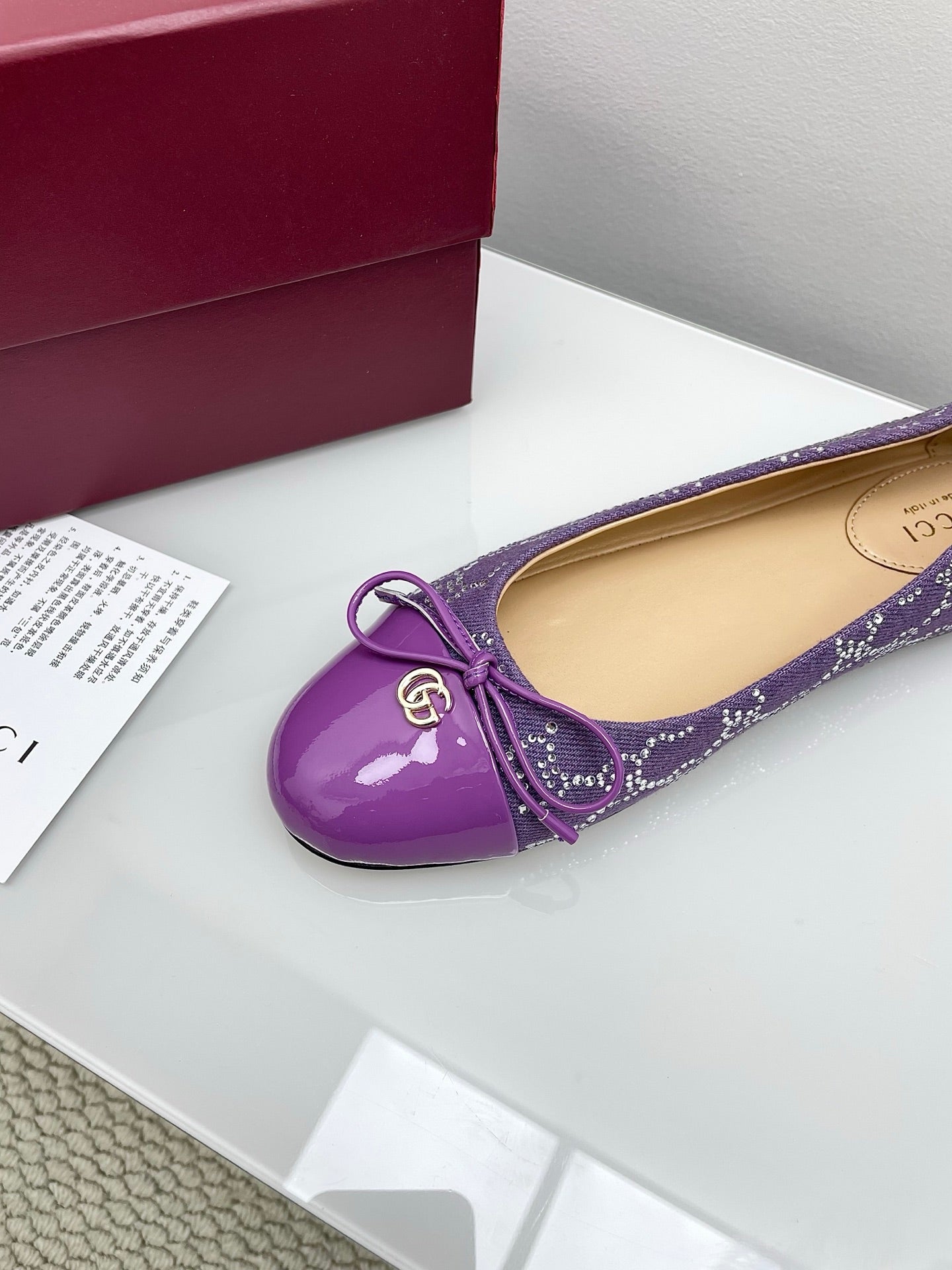 GG Women's Crystal Ballet Flat Purple Denim Patent Leather Trim 511493