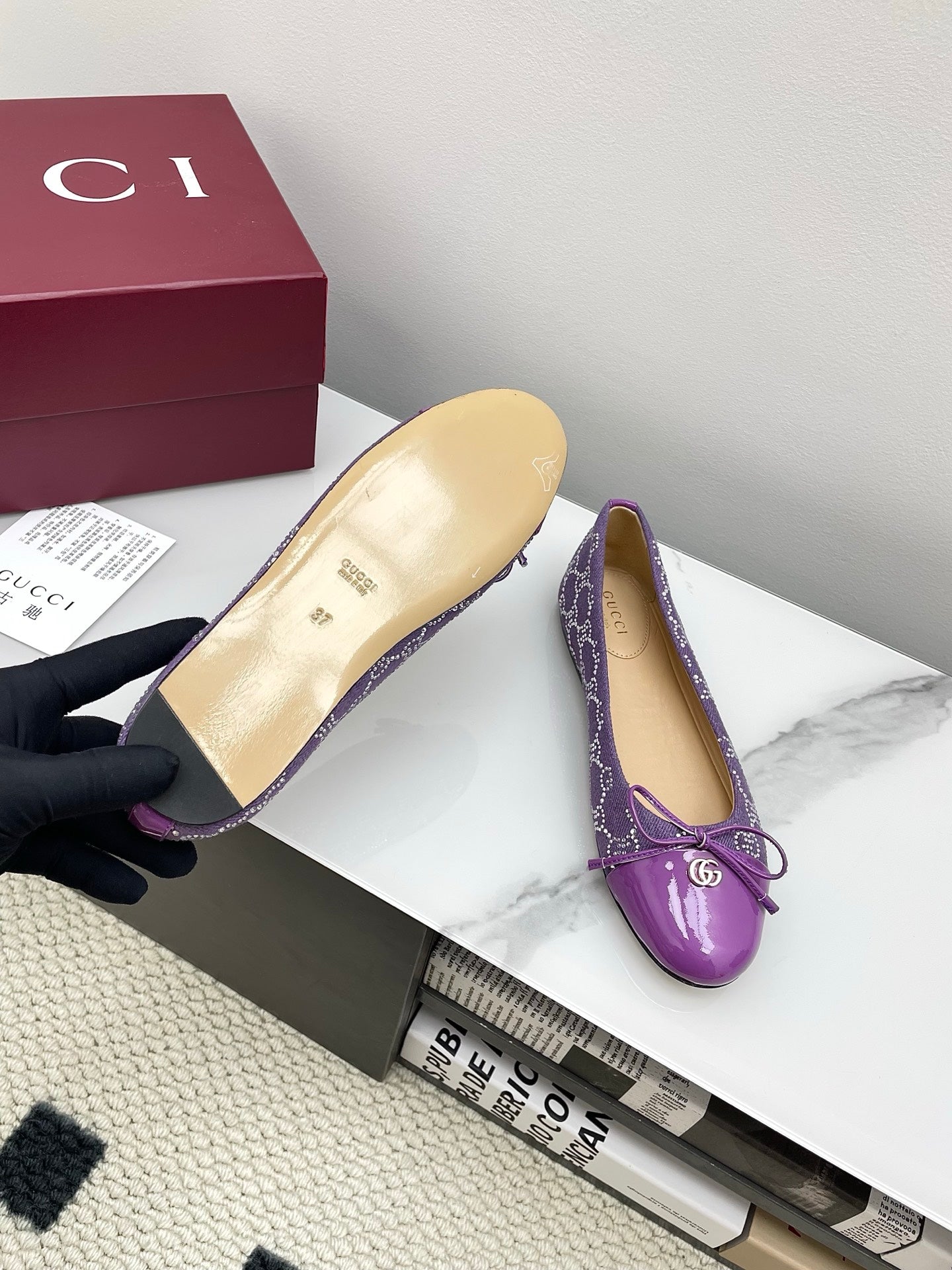 GG Women's Crystal Ballet Flat Purple Denim Patent Leather Trim 511493