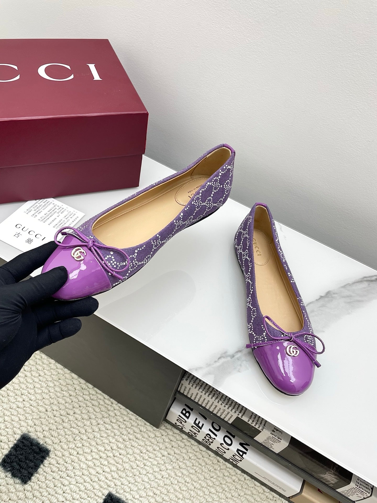 GG Women's Crystal Ballet Flat Purple Denim Patent Leather Trim 511493