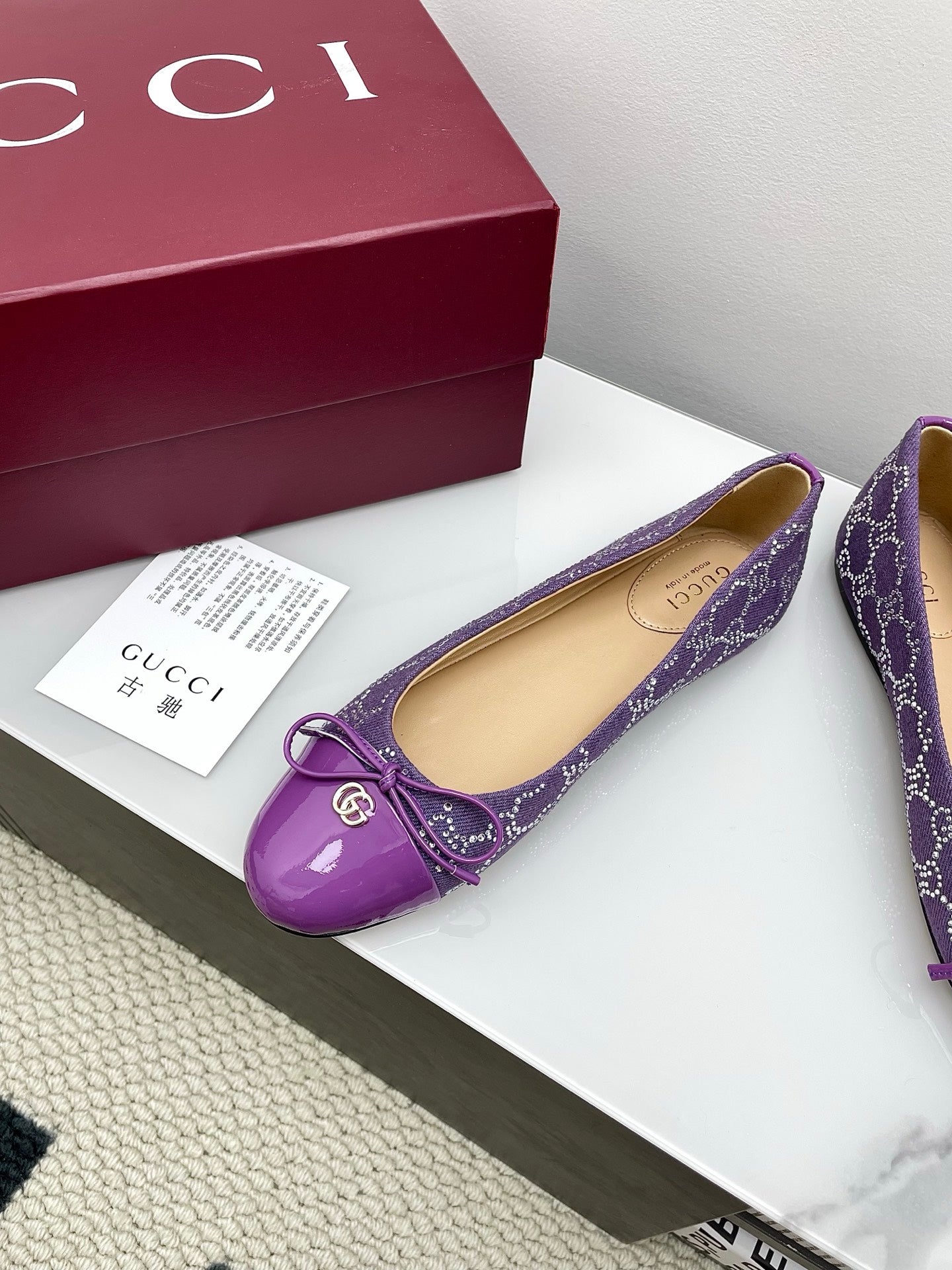GG Women's Crystal Ballet Flat Purple Denim Patent Leather Trim 511493