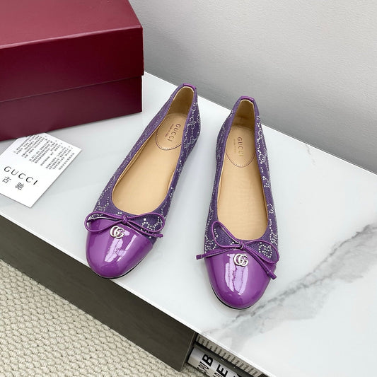 GG Women's Crystal Ballet Flat Purple Denim Patent Leather Trim 511493