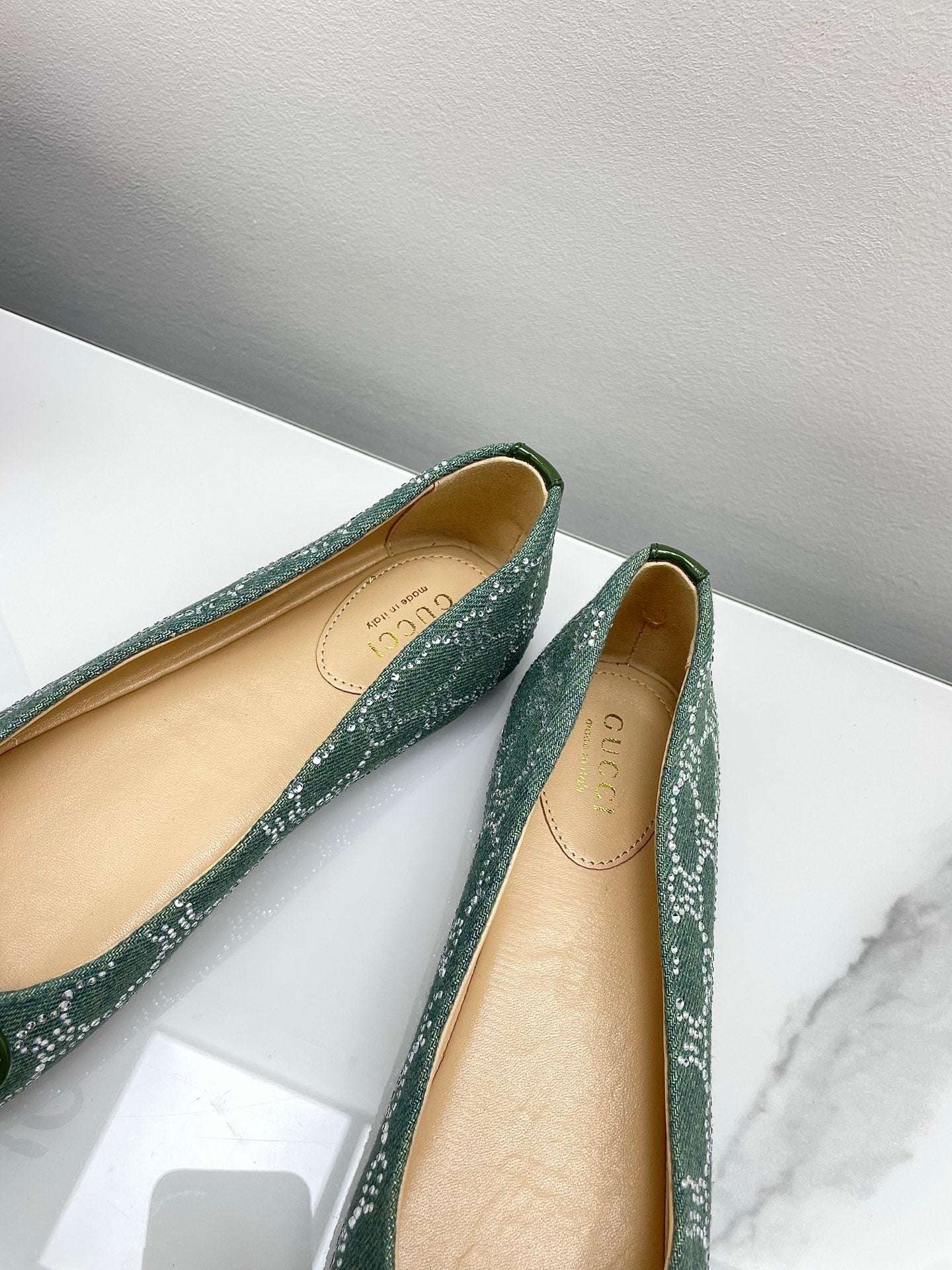 GG Women's Crystal Ballet Flat Dark Green Denim Patent Leather Trim 511495