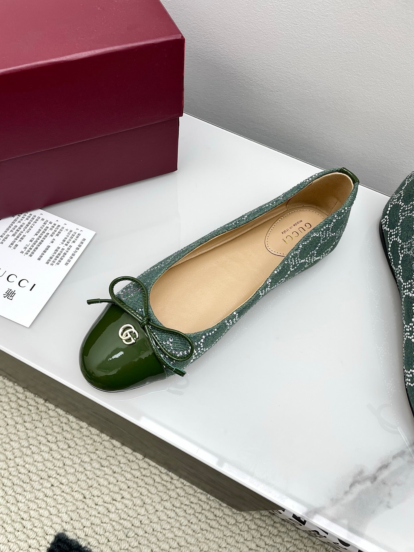 GG Women's Crystal Ballet Flat Dark Green Denim Patent Leather Trim 511495