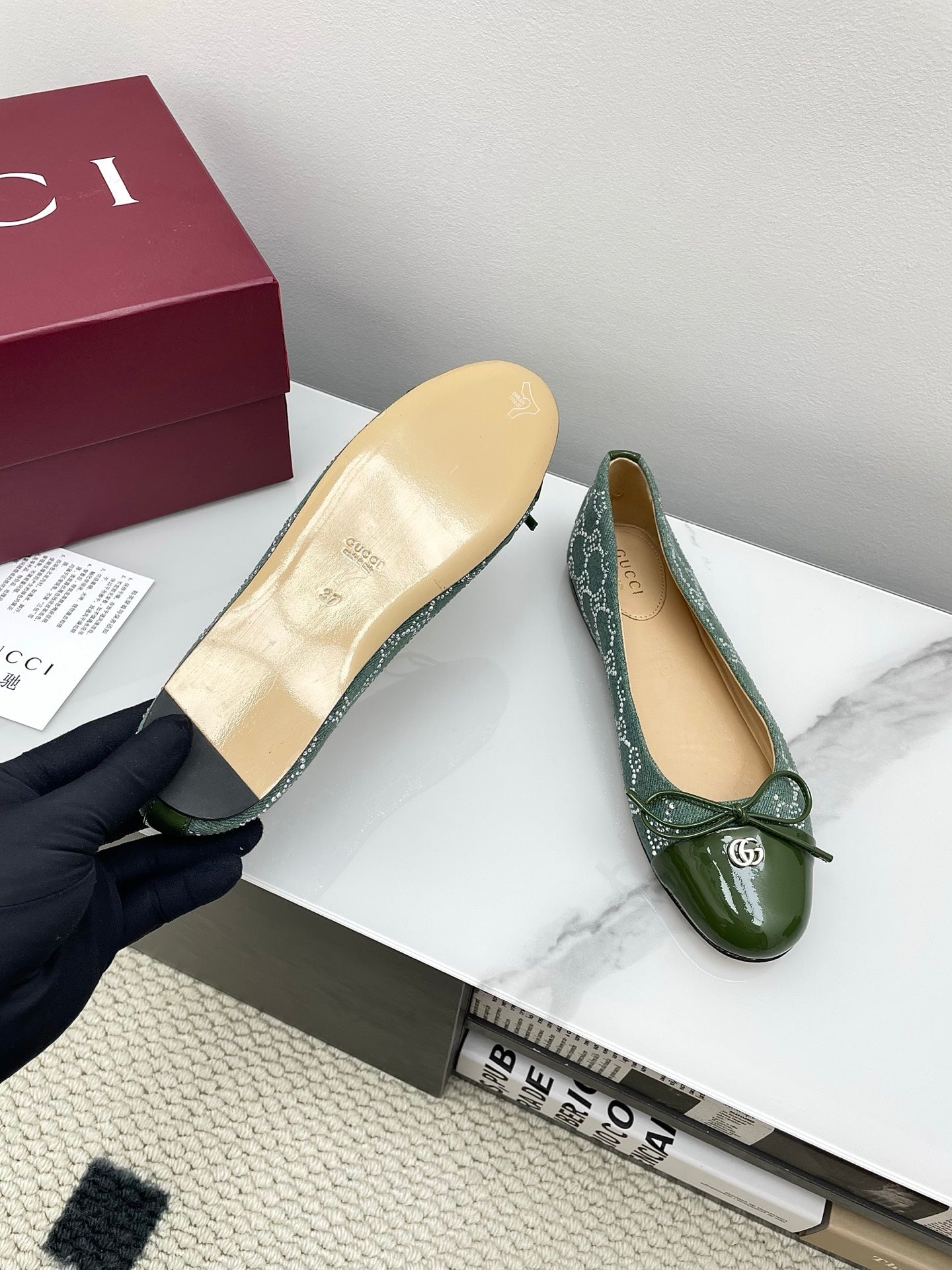 GG Women's Crystal Ballet Flat Dark Green Denim Patent Leather Trim 511495